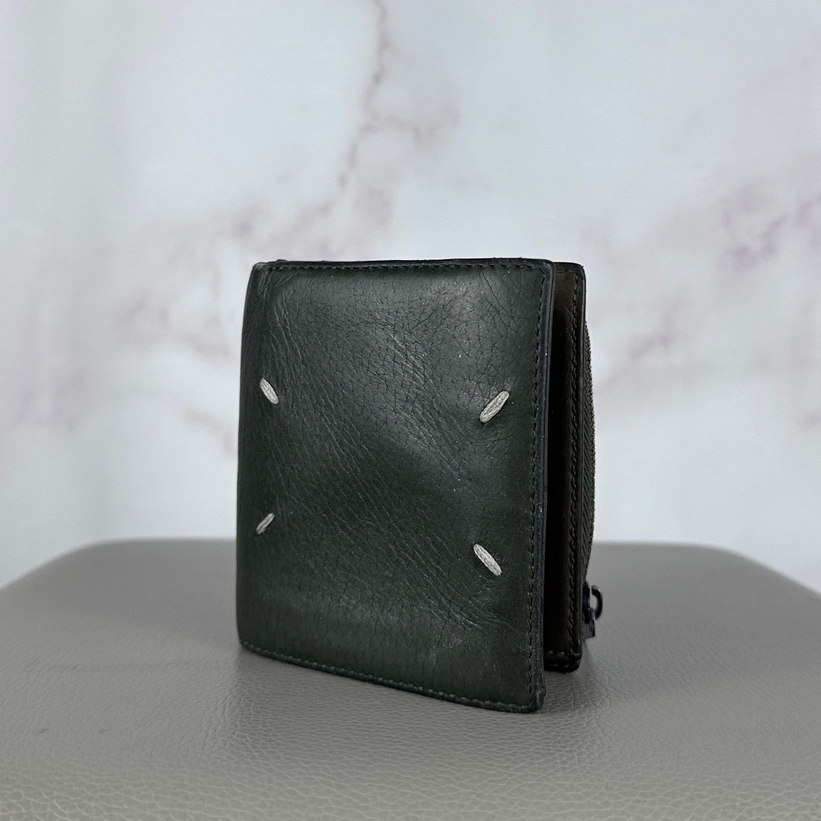 Green Leather Four-Stitch Trifold Wallet