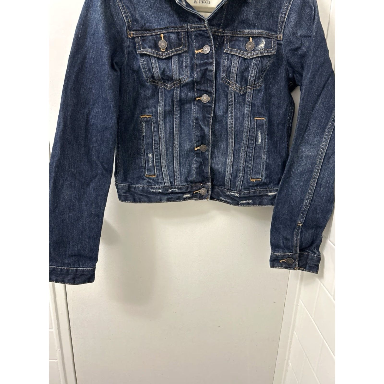Abercrombie & Fitch Abercrombie & Fitch Denim Jacket Womens M Dark Wash Distressed Trucker Short Sleeve Long Sleeve Button Front Collared Logo Vintage No Size M / US 6-8 / IT 42-44 - 3 Thumbnail