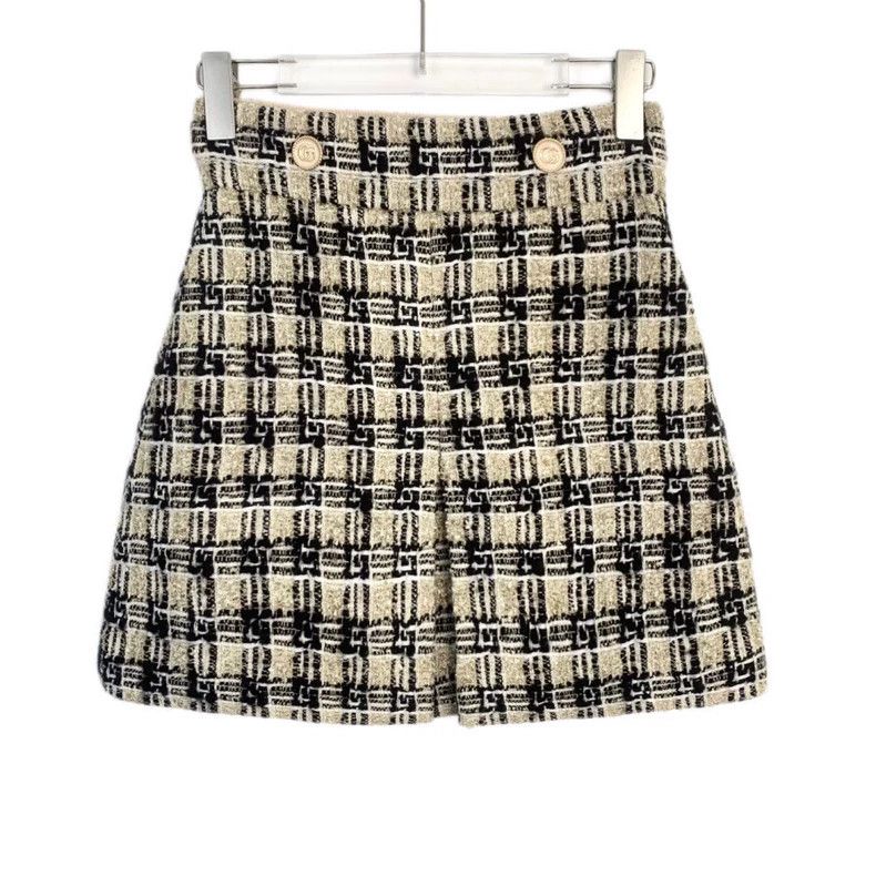 GucciDouble G buckle wool plaid tweed A-line skirt short sk