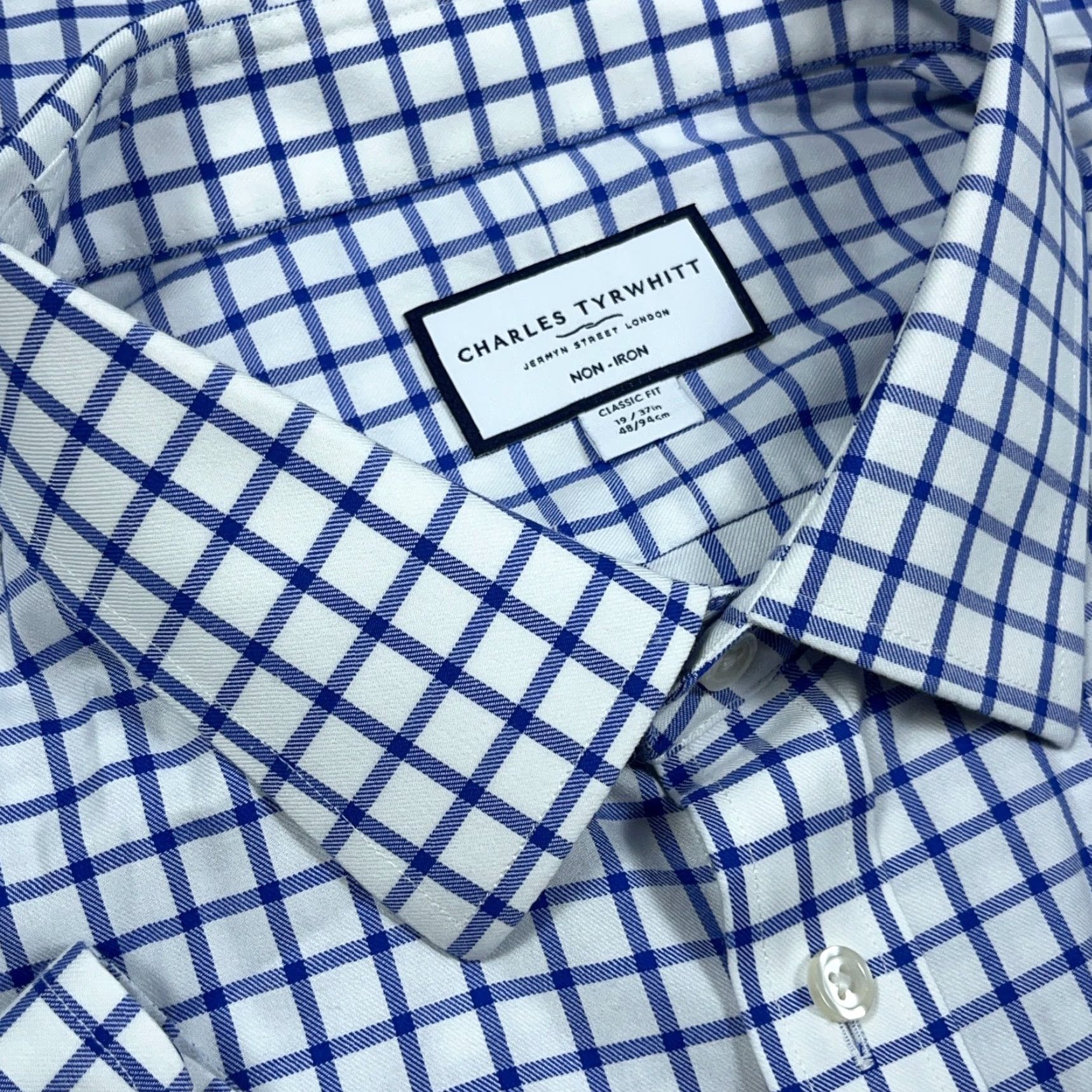 Charles Tyrwhitt Charles Tyrwhitt Shirt Men 3XL Blue White Check Button-Up Dress Casual Business Knit Modern Preppy Classic Mens Textured Cotton Shirt Size 48R - 4 Thumbnail