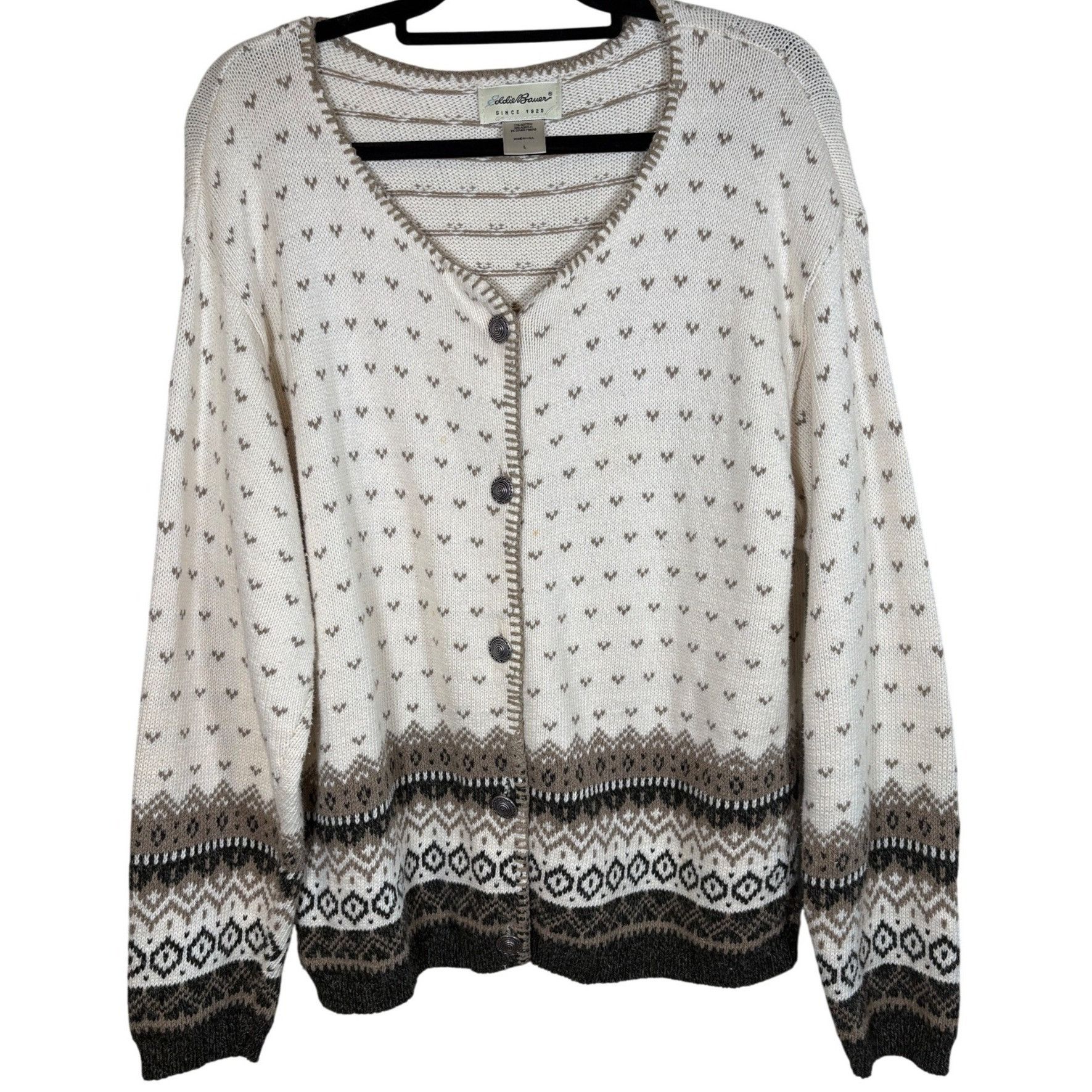 Eddie Bauer Eddie Bauer Women Fair Isle Cardigan Sweater Beige Brown L Q Size L / US 10 / IT 46 - 2 Thumbnail
