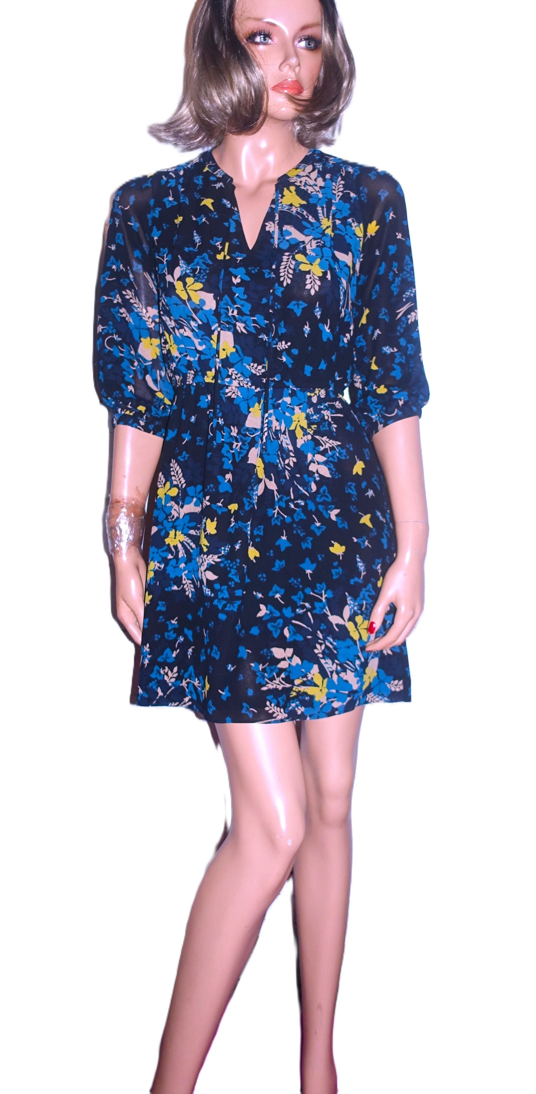 Loft Ann Taylor Loft Blue Gold Shirt Dress Petite XS Size XS / US 0-2 / IT 36-38 - 2 Thumbnail