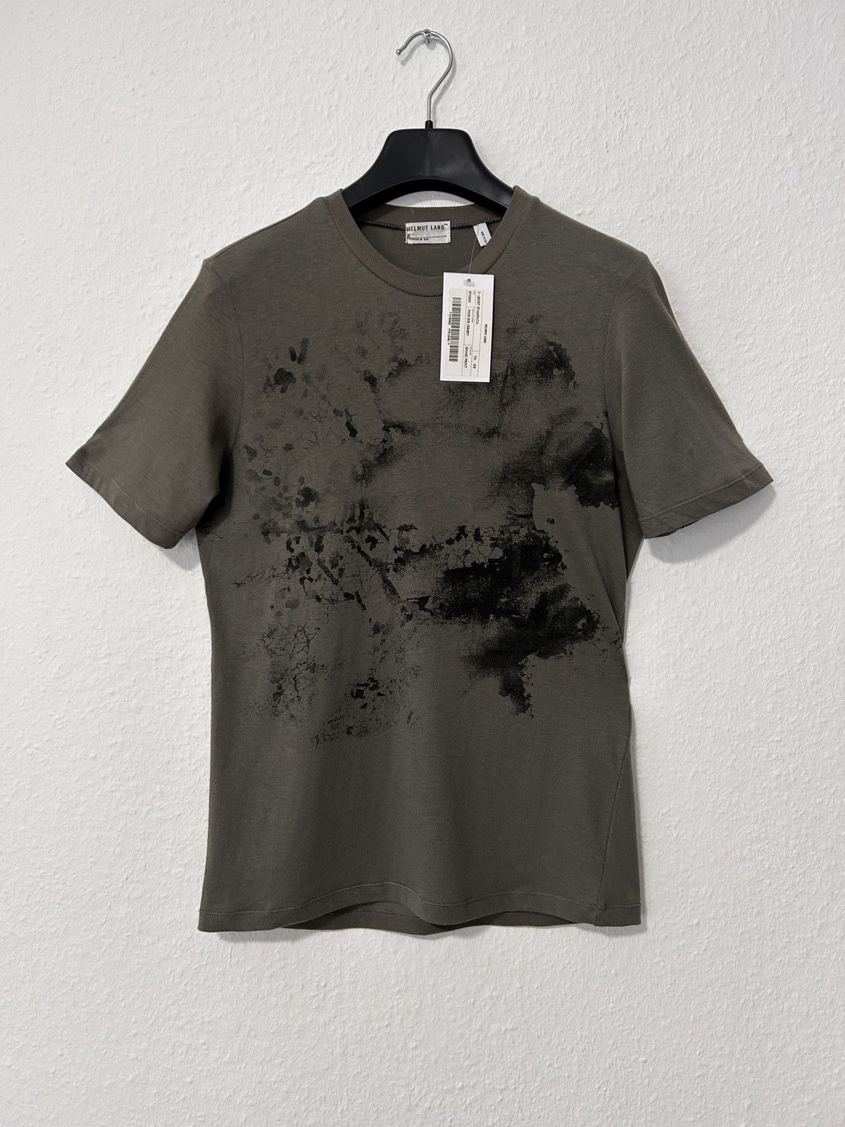 image of Helmut Lang S/s 1999 New Abstract Painter T-Shirt With Black Paint in Olive, Men's (Size Small)