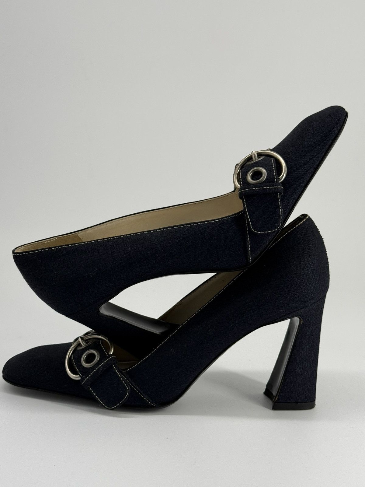 Prada Prada Navy Denim like chunky heels with buckle size 37 1/2 Size US 8 / IT 38 - 4 Thumbnail