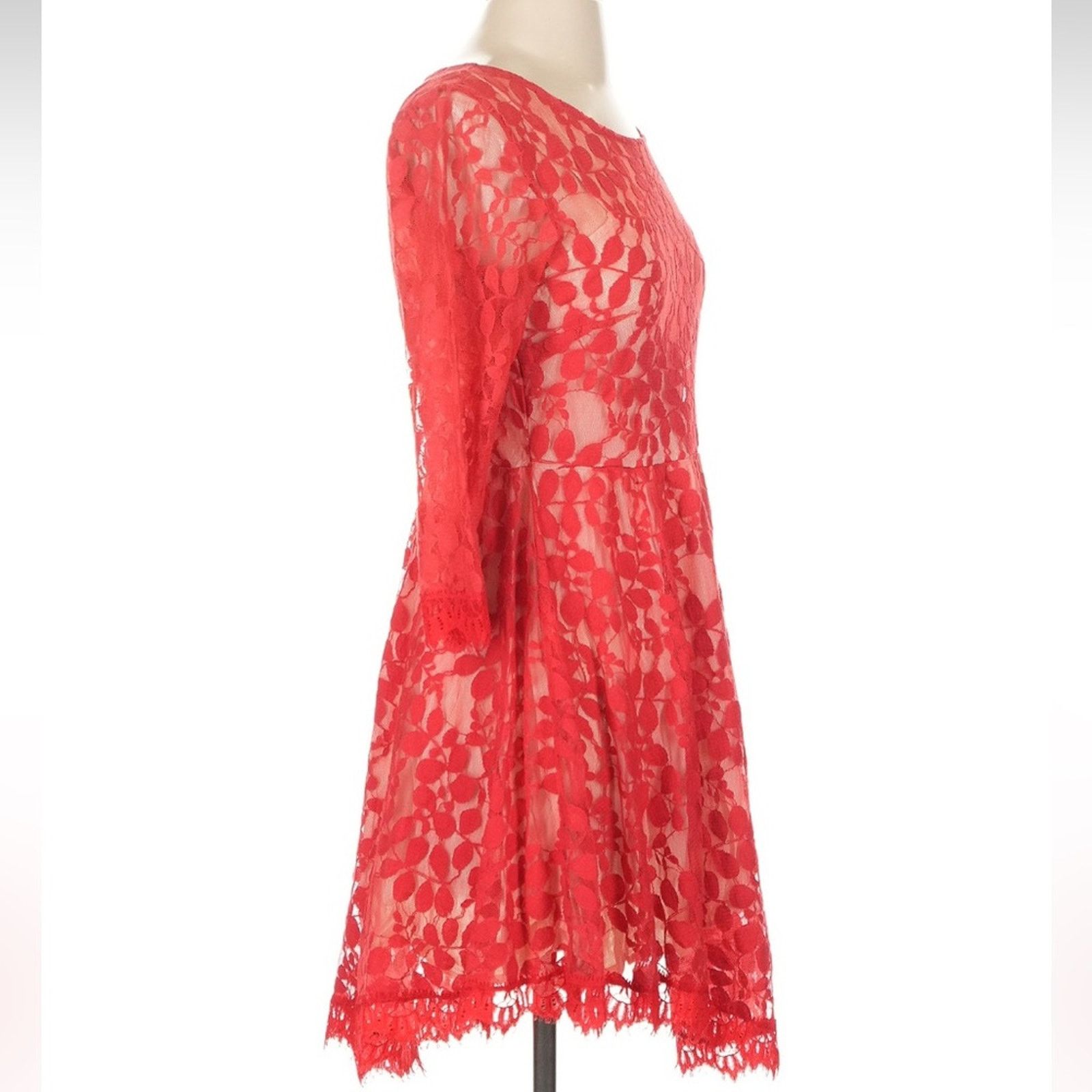 Free People Vibrant Red Lace Long Sleeve Dress - stein-coach.com