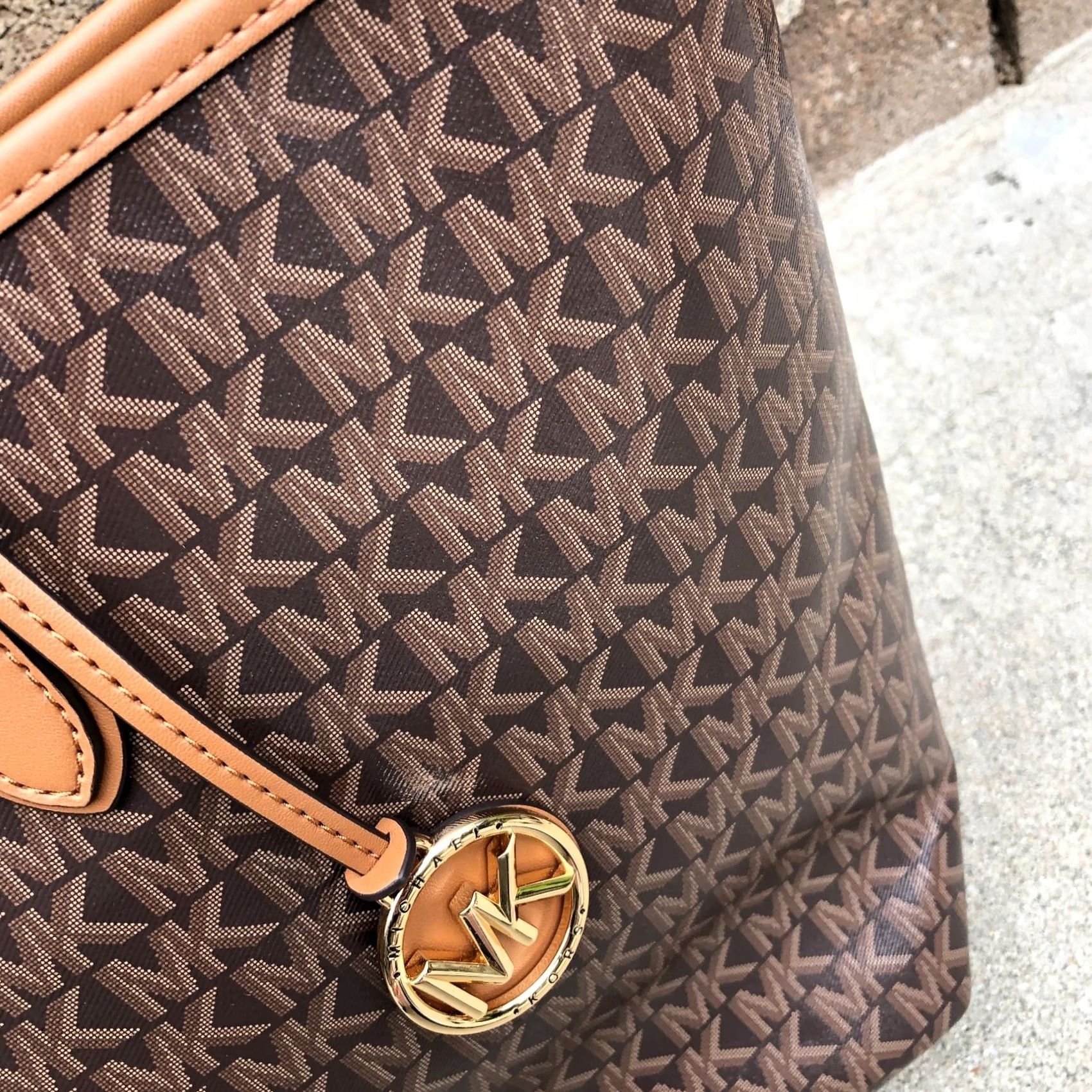 Michael Kors MICHAEL KORS Eliza Monogram Tote Bag Purse Brown East West Designer Shoulder Bag Women Large 13" W x 12" H x 5" D Canvas Leather Handle 13" (13 W) Size ONE SIZE - 7 Thumbnail
