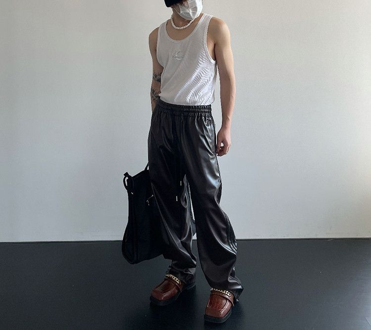 Japanese Brand × Jean PU Leather Black Stripe Elastic Waist Pants Size US 37 - 2 Thumbnail