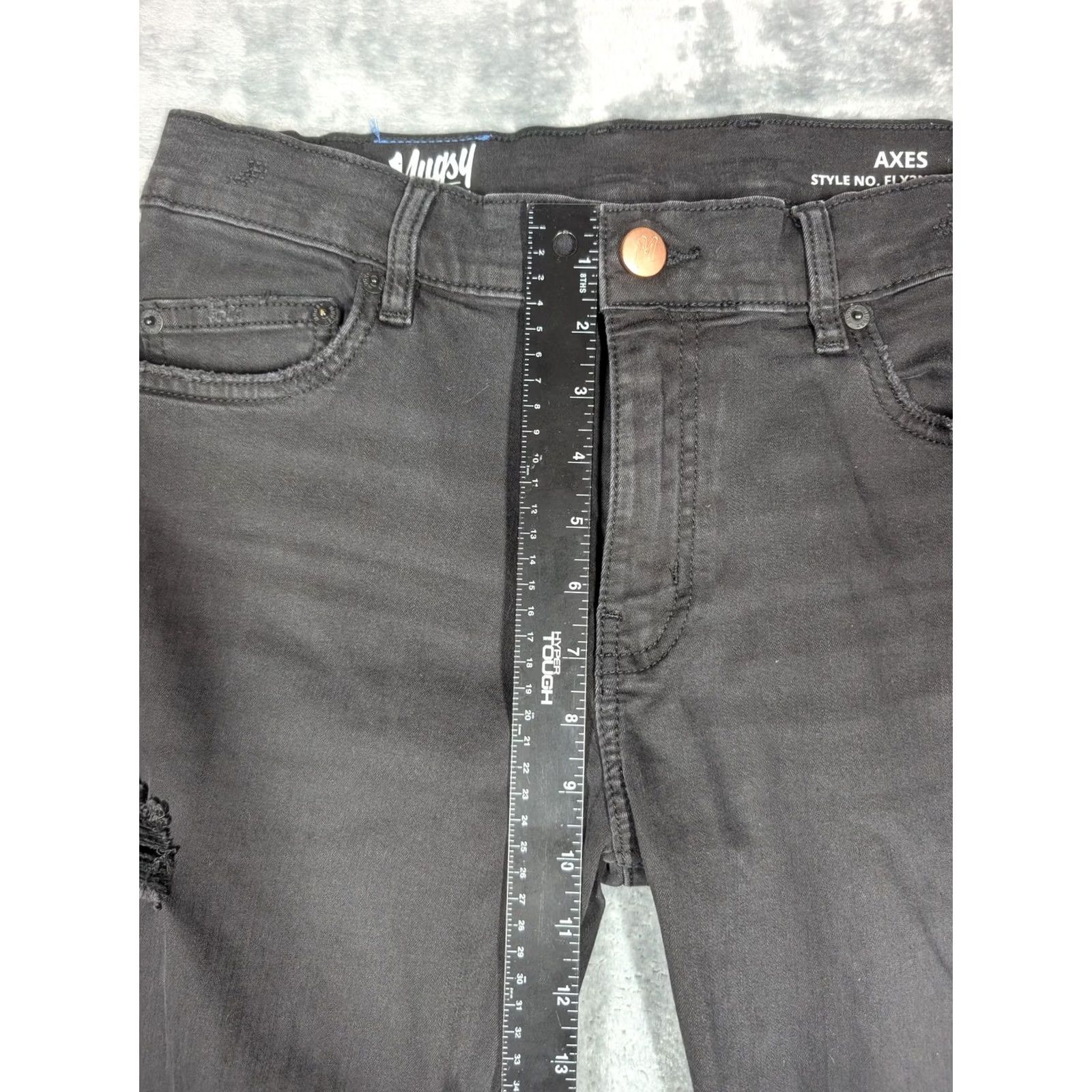 Denime Mugsy AXES Jeans Mens 33x32 Black Distressed Slim Straight Stretch Denim Pants Distressed Logo Casual Denim Jeans Mens 33x32 Size US 33 - 3 Thumbnail