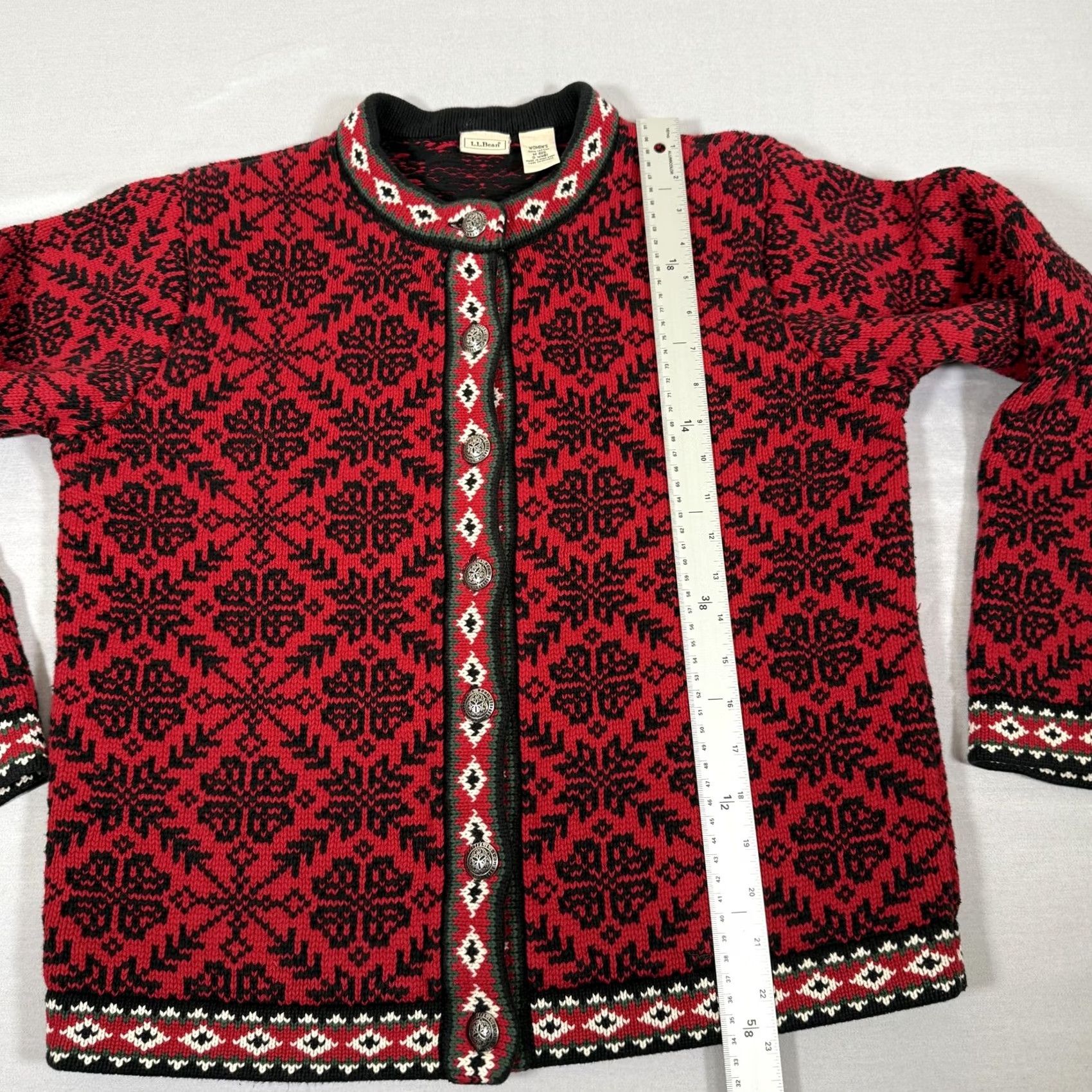 Vintage L.L.Bean Sweater Cardigan Women M Red Fair Isle Knit Cotton Button Up Crew Neck Holiday Ski Winter - Mens/Womens? Size M / US 6-8 / IT 42-44 - 6 Thumbnail