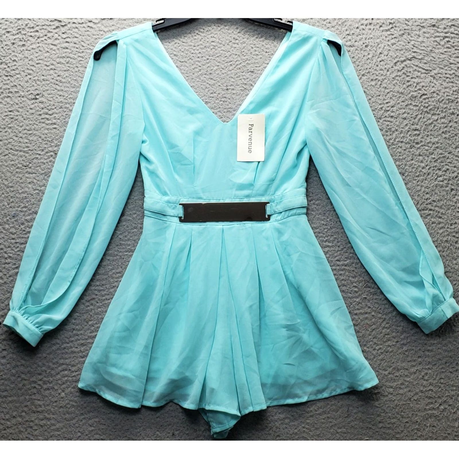 Vintage Parvenue Romper Womens Small Blue V-Neck Long Sleeve Lined Belted Waist Back Zip Shirt Size S / US 4 / IT 40 - 2 Thumbnail