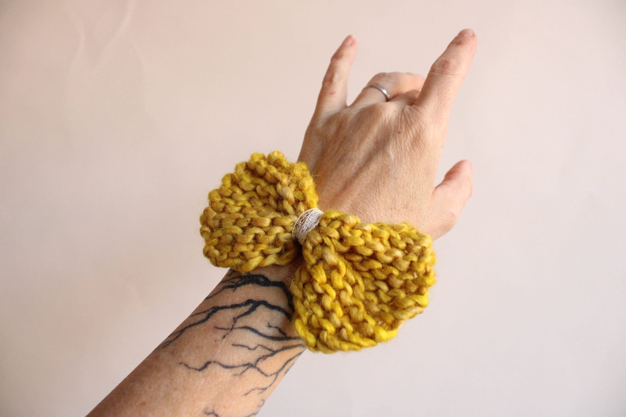 Handmade Knit Hair Bow, Handknitted Maize Yellow Ponytail Holder or H Size ONE SIZE - 2 Thumbnail