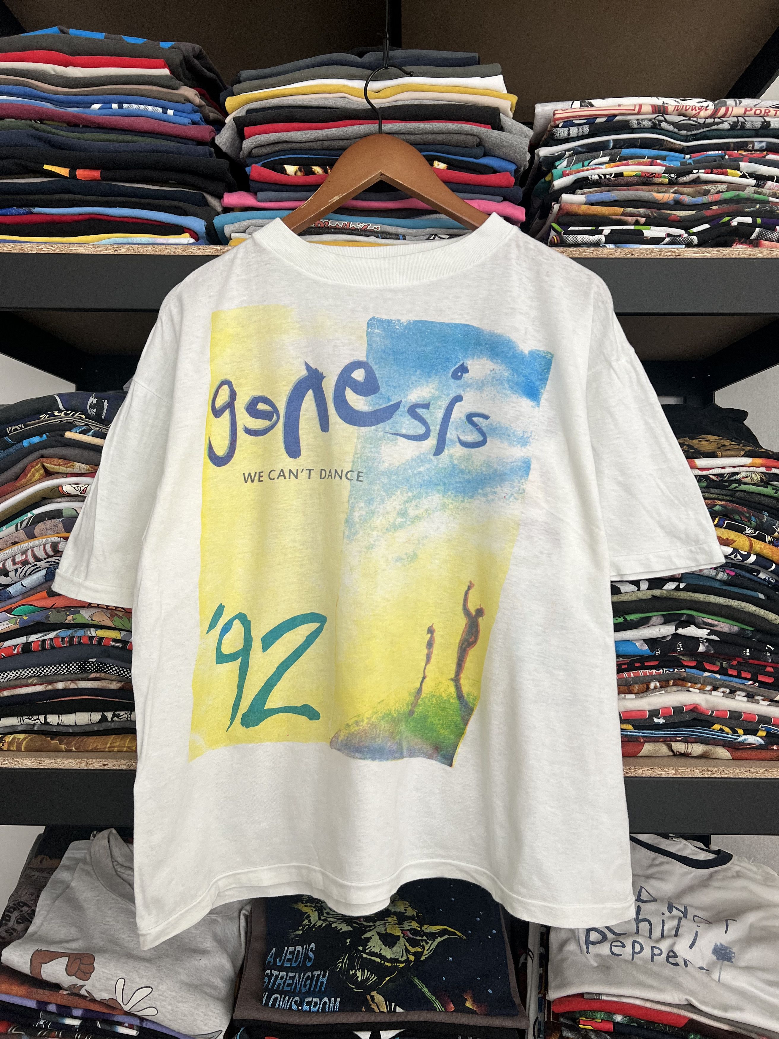image of Band Tees x Rock T Shirt Vintage 1992 Genesis We Cant Dance White Tee in White Blue, Men's (Size XL