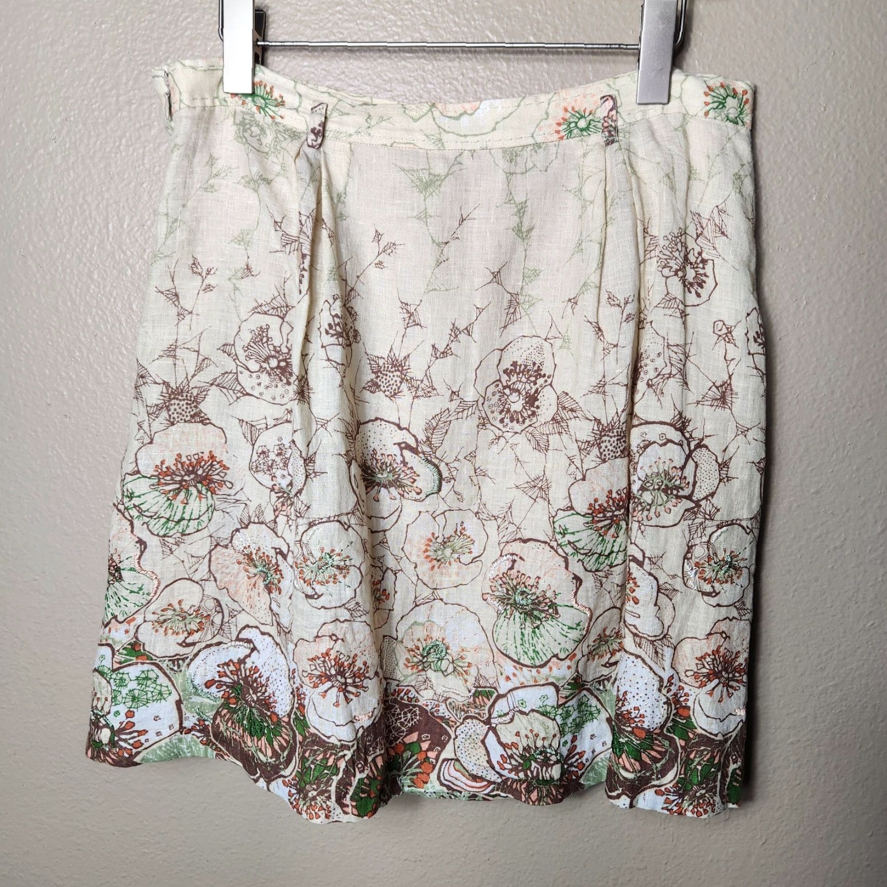 Elie Tahari Elie Tahari Skirt 100% Linen Beige Floral Embroidered Flare-Size 12 Womens Knee Length Bohemian, Flower, Art, Beach Size 34" / US 12 / IT 48 - 2 Thumbnail