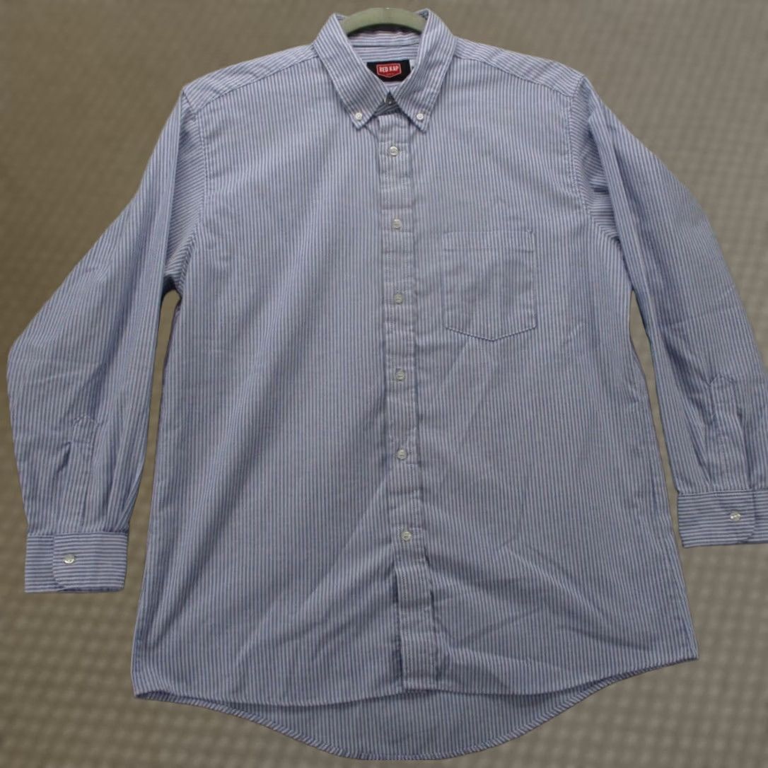 Red Kap Shirt Adult 1XL Blue White Stripe Button Up Cotton Blend Men's, Men's
