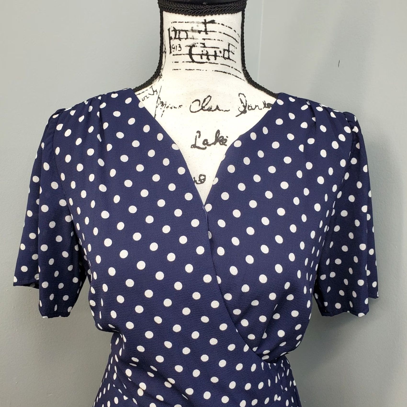Vintage Rabbit Wrap Dress Womens Size 12 Navy White Polka Dot Lined Swing Hem Tie Back Zip V-Neck Short Sleeve Size XL / US 12-14 / IT 48-50 - 6 Thumbnail