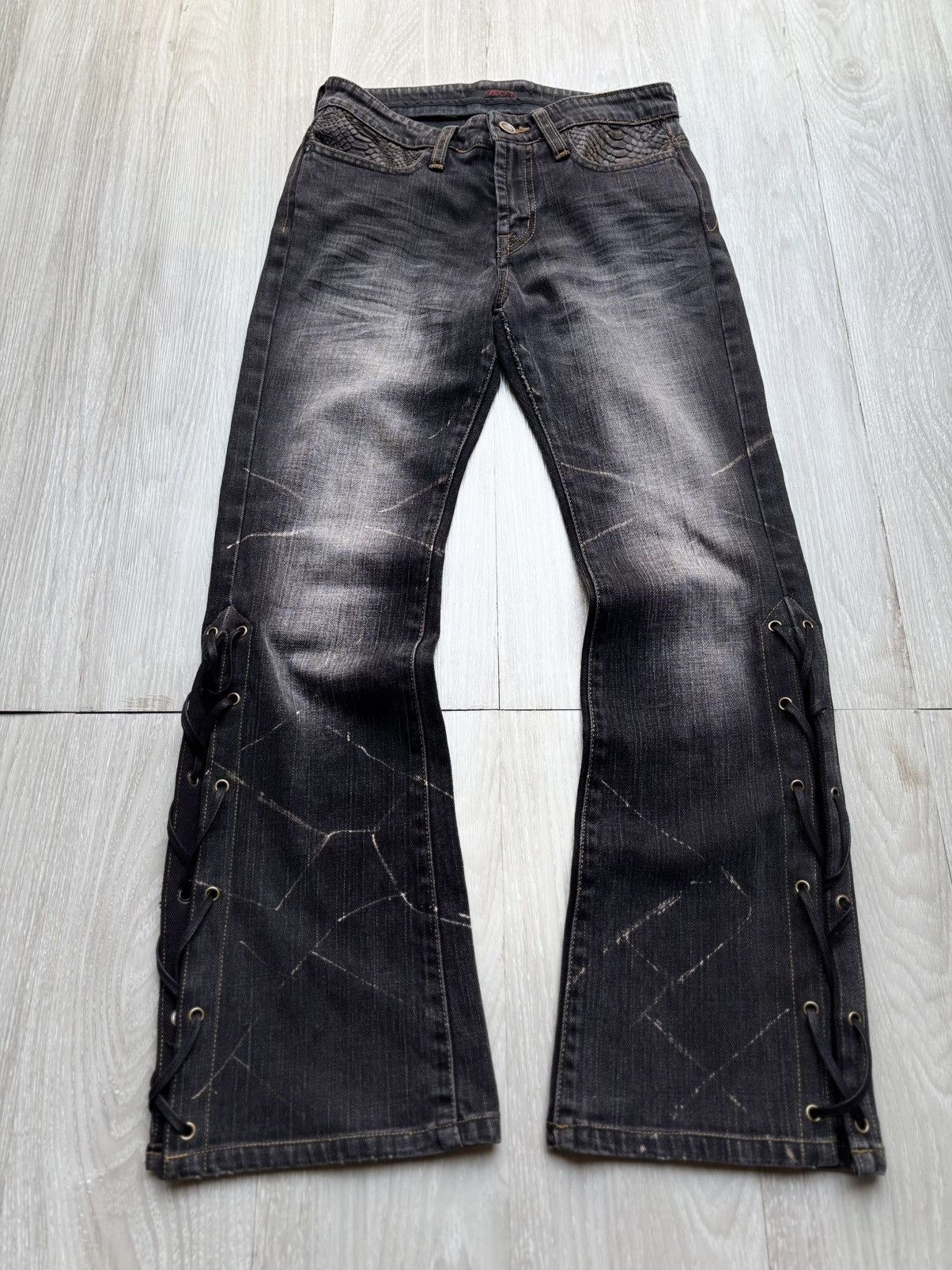 パンツ Bernings Sho lace up damage flared denim Japanese Brand BERNING SHO lace up flare jeans | Grailed