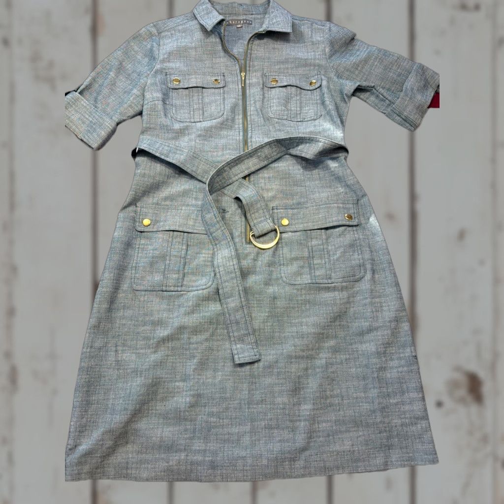 Vintage Sharagano Blue Denim Midi DRESS 1/2 Zip Size 12 Buckle Belt Pockets Front Flap Pockets Roll Tab Sleeve Collared Shirt Dress Size XL / US 12-14 / IT 48-50 - 1 Thumbnail
