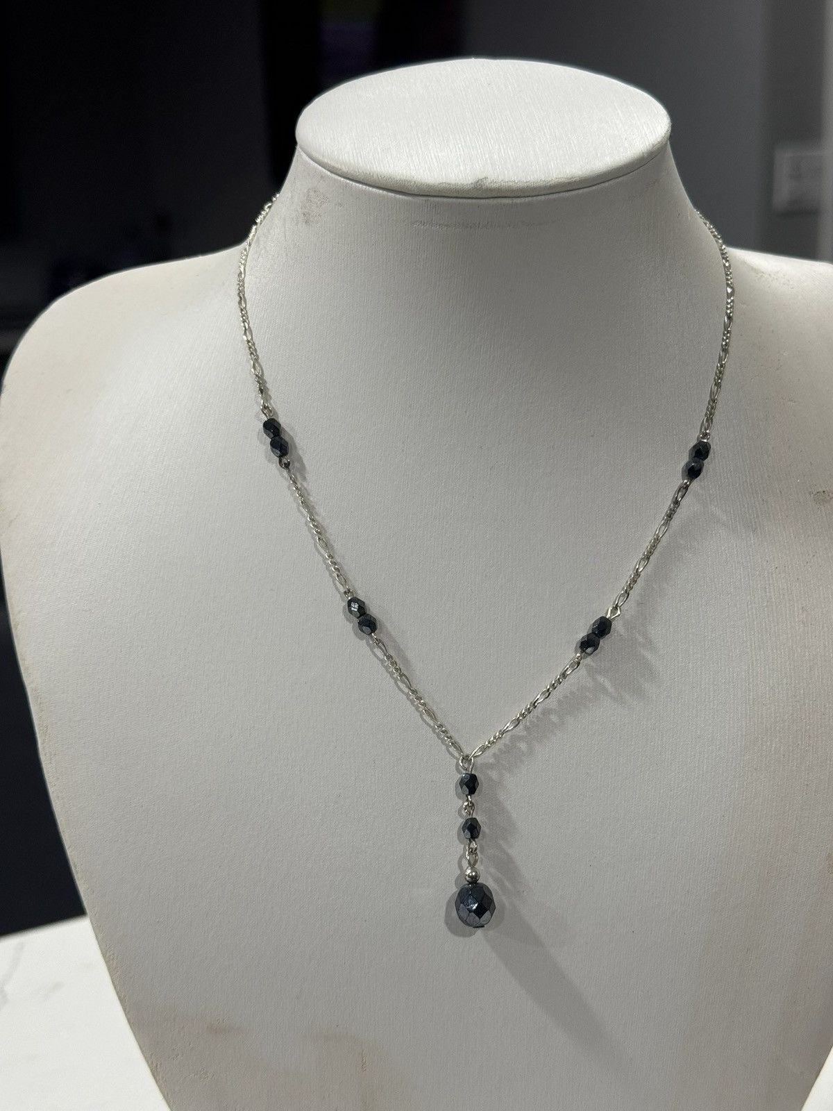 Silver Black Onyx Y-Drop Necklace | Figaro Chain Lariat