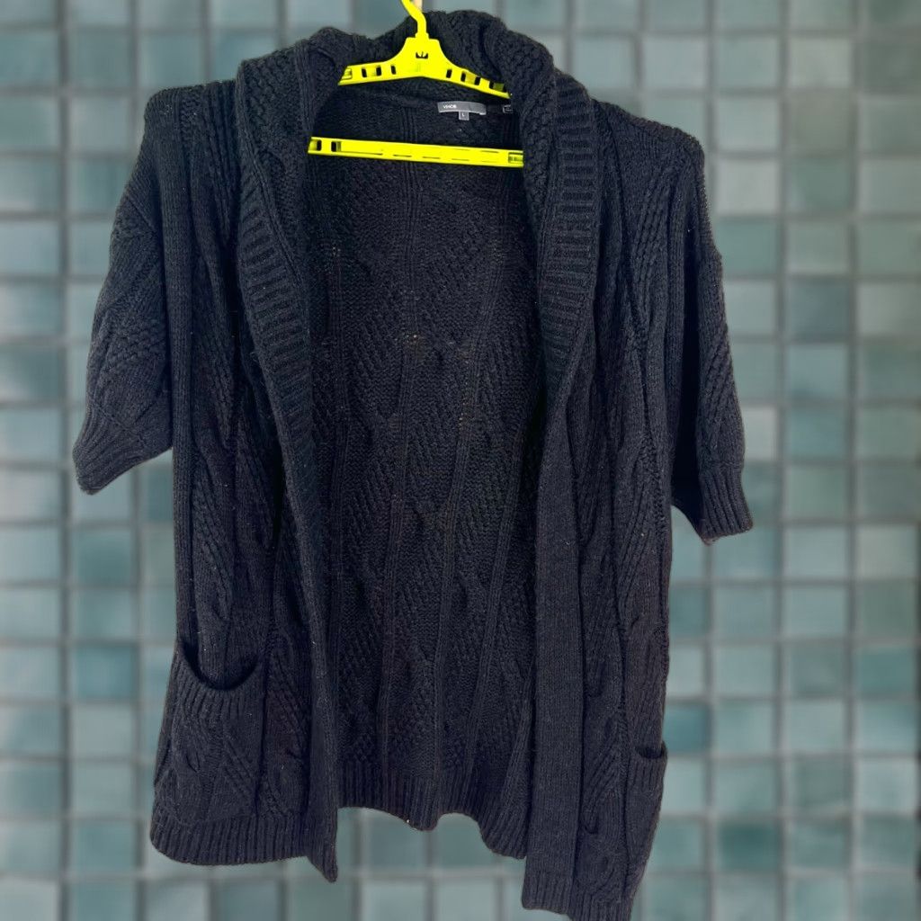 Vince Vince Cardigan Womens Sweater L Black Alpaca Wool Open Hooded Cable Knit Pockets Size L / US 10 / IT 46 - 1 Thumbnail