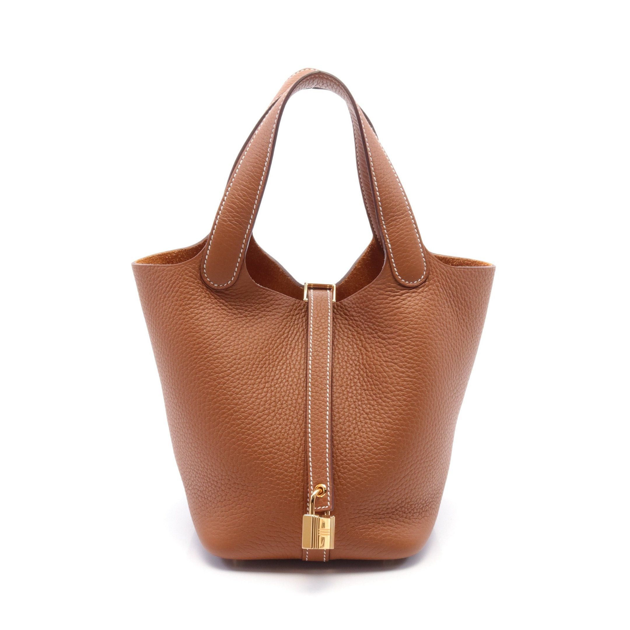 Hermes Picotan Lock Pm Gold Handbag Clemence Leather Brown Hardware B Stamp