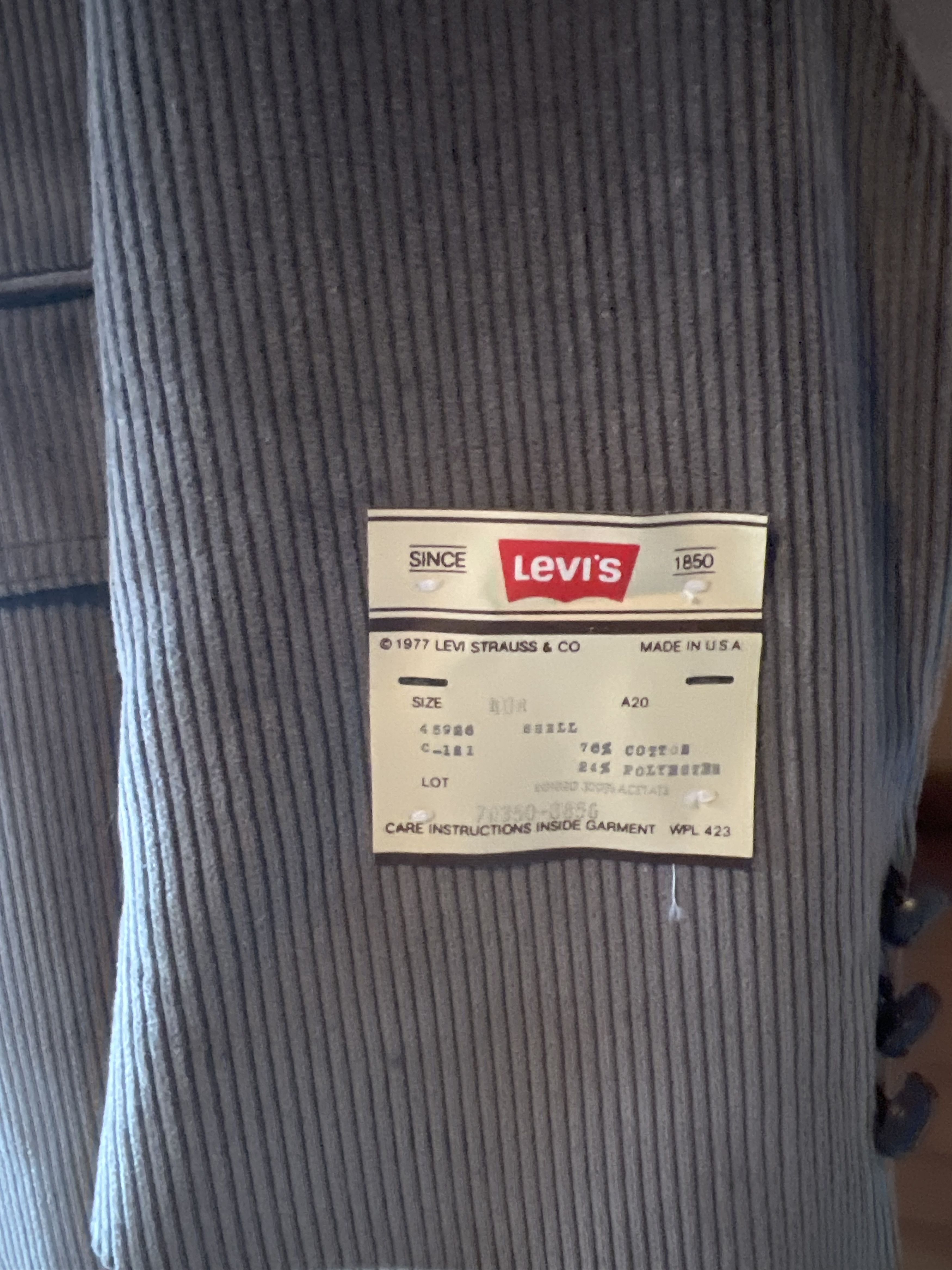 NOS 1977 Levi’s Gray/silver Corduroy Blazer-Never Worn