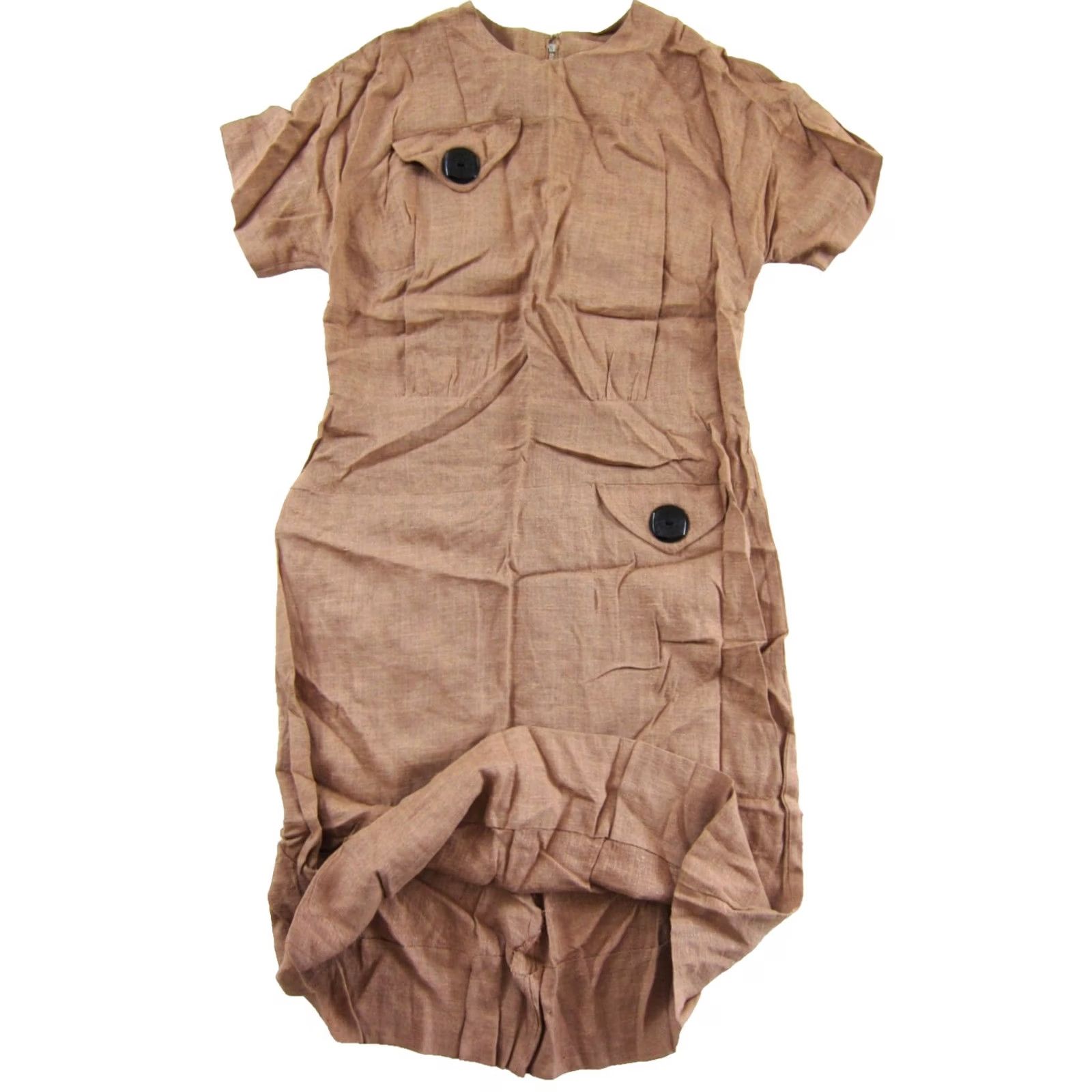 Vintage VINTAGE Handmade Dress - Sheath, A-Line, Kaftan - Short Sleeve - Brown - 1960s - Knee Length - Medium Size 32" / US 10 / IT 46 - 4 Thumbnail