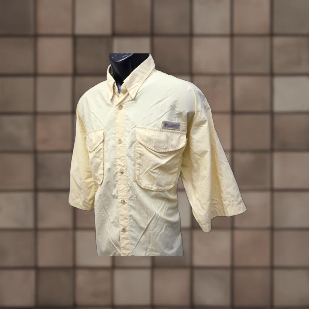 VTG Columbia PFG Shirt Mens Large Yellow Nylon UPF 30+ Button-Up Short Sleeve Camp