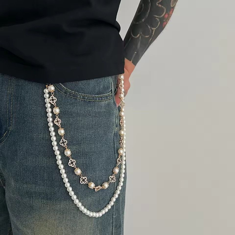 VIBE Simple Imitation Pearl Rhinestone Waist Chain Pant Size ONE SIZE - 3 Thumbnail