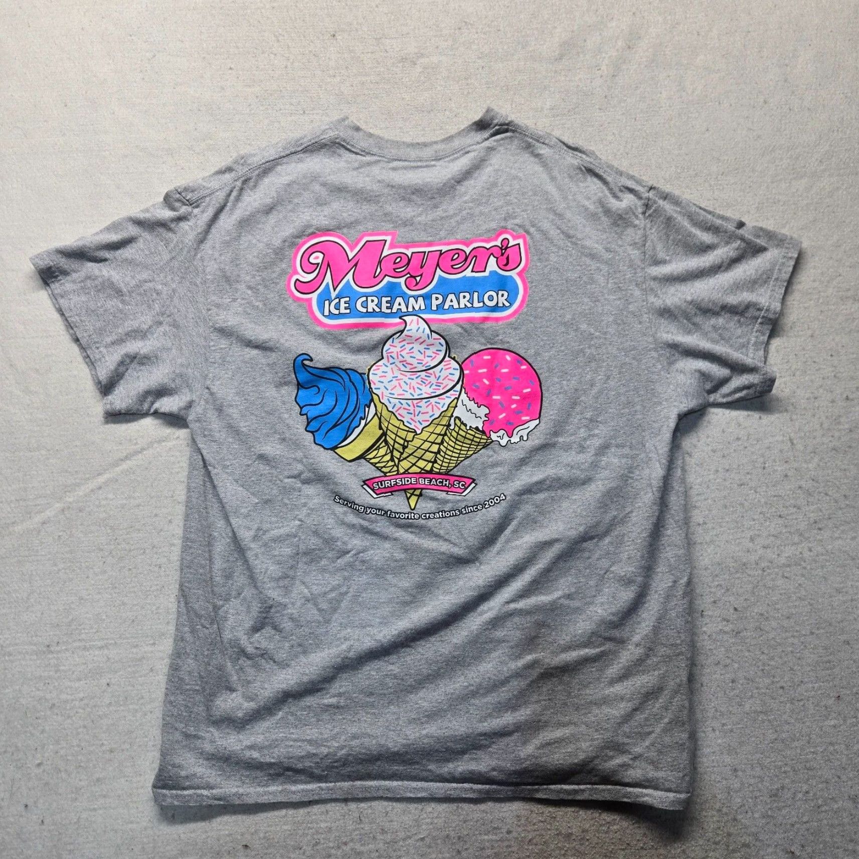 Vintage Surfside Beach SC South Carolina Meyer's Ice Cream Parlor T-Shirt Adult Men's XL Gray Tie-dye Beach Aloha 90s Concert Mens Size US XL / EU 56 / 4 - 6 Thumbnail