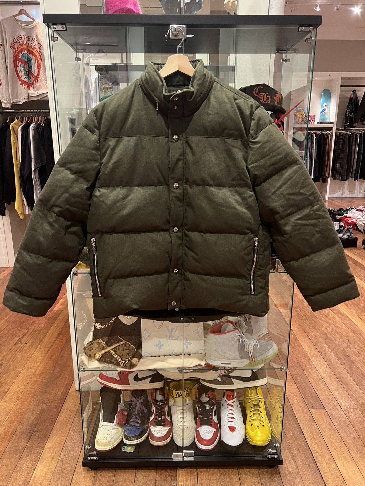 image of Chrome Hearts Herringbone Down Puffer Jacket Khaki Green in Olive, Men's (Size 2XL)