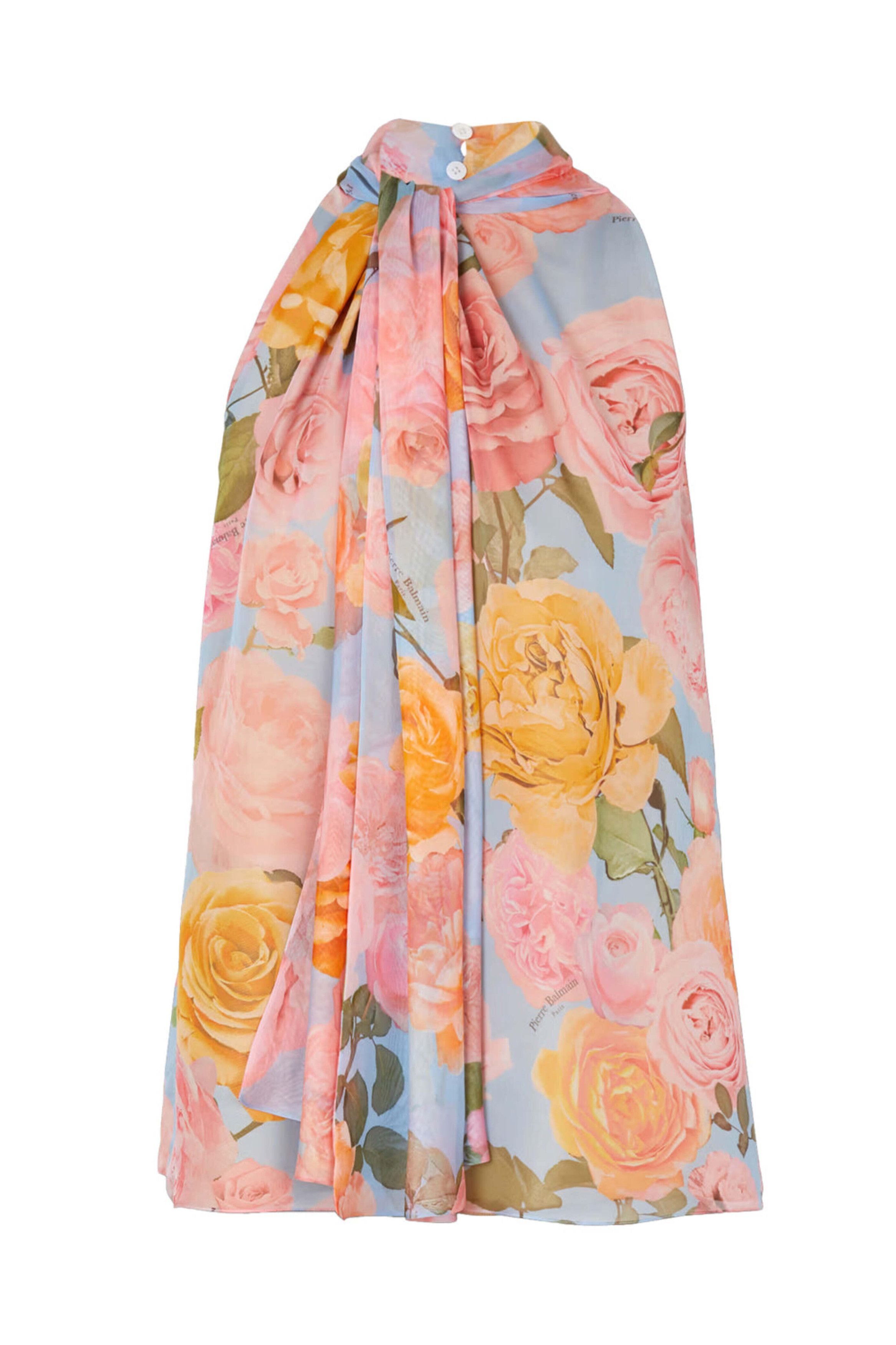 Balmain o1s1wg110825 Pastel Rose Print Tie Neck Blouse in Multicolor Size M / US 6-8 / IT 42-44 - 1 Thumbnail