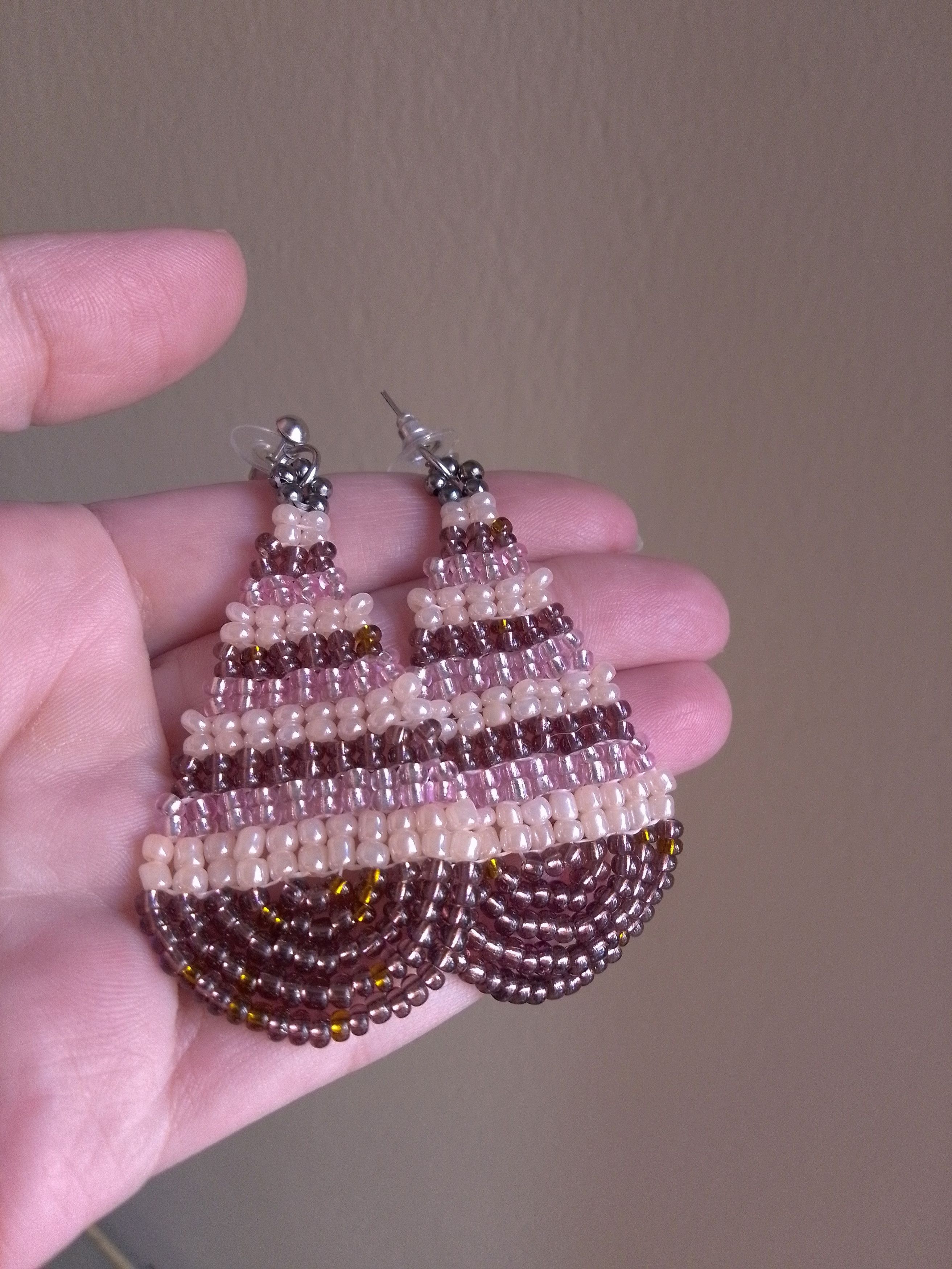 Handmade Earrings Teardrop Soft Pink Brown Ethnic Styles Beaded Size ONE SIZE - 2 Thumbnail
