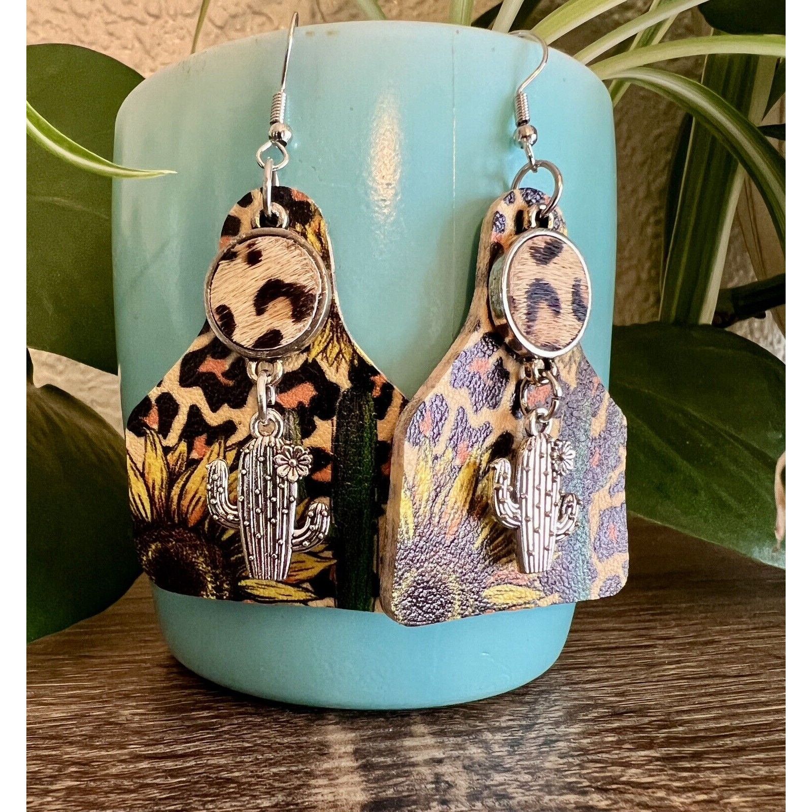 Other Women’s Leopard Cactus Cow Tag Earrings Handmade W/Dangle Size ONE SIZE - 1 Thumbnail