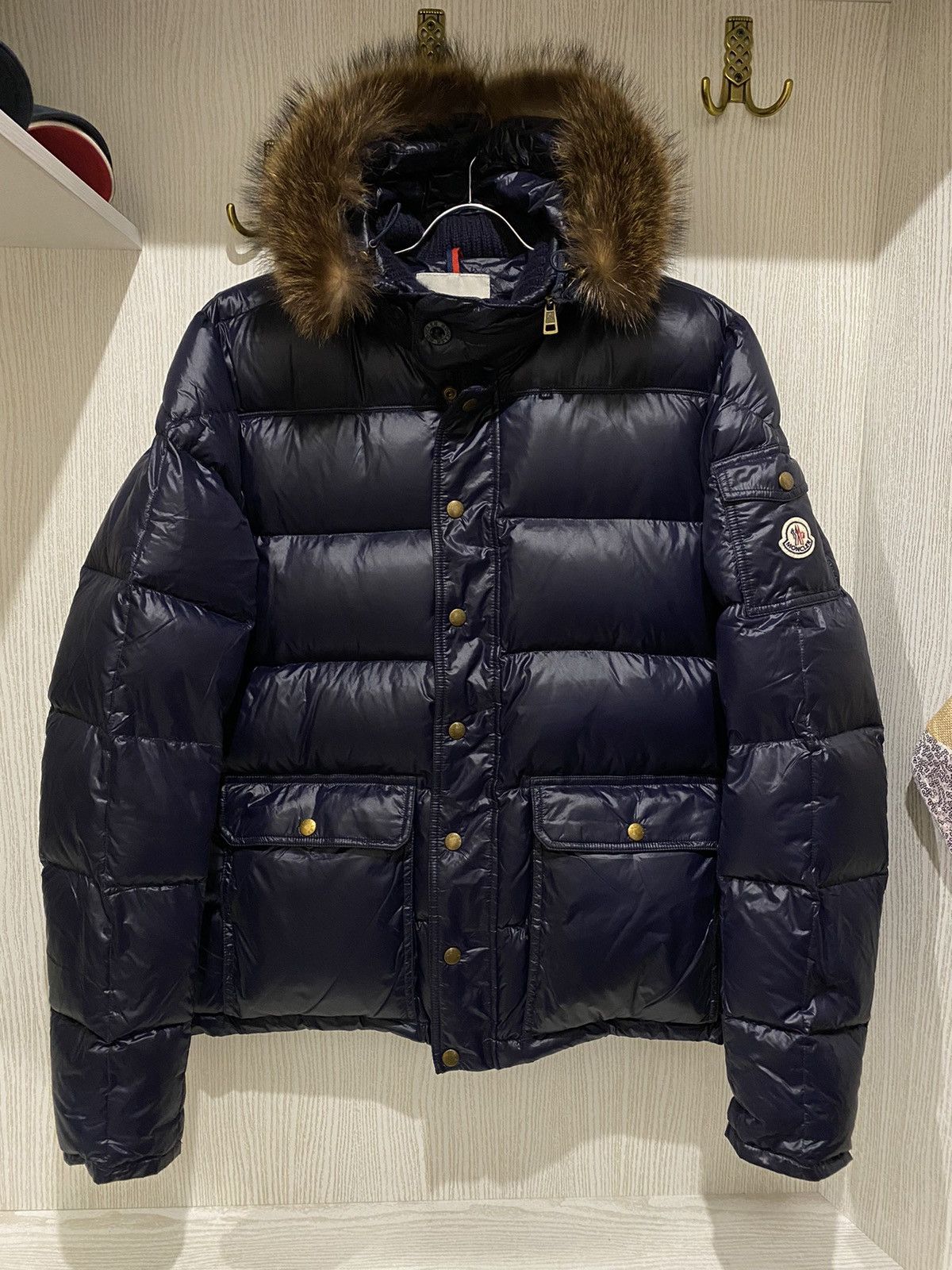 image of Moncler Hubert Down Jacket Puffer Fur in Blue, Men's (Size Medium)