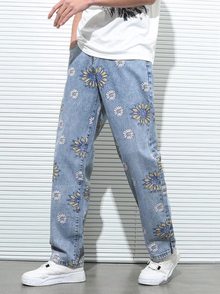 image of Retro Punk Pants Vintage Denim Floral Print, Men's (Size 32)