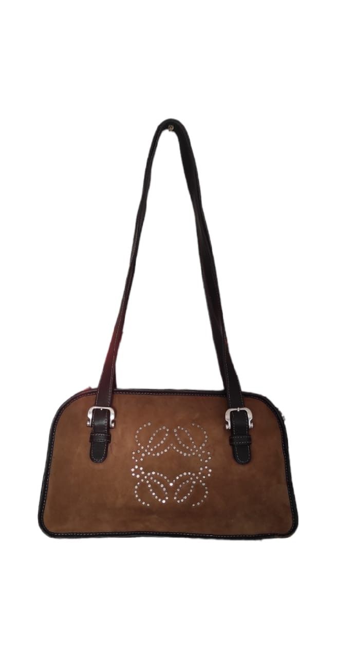 image of Loewe Anagram Amazona Messenger Boston Suede Leather Bag in Brown, Women's