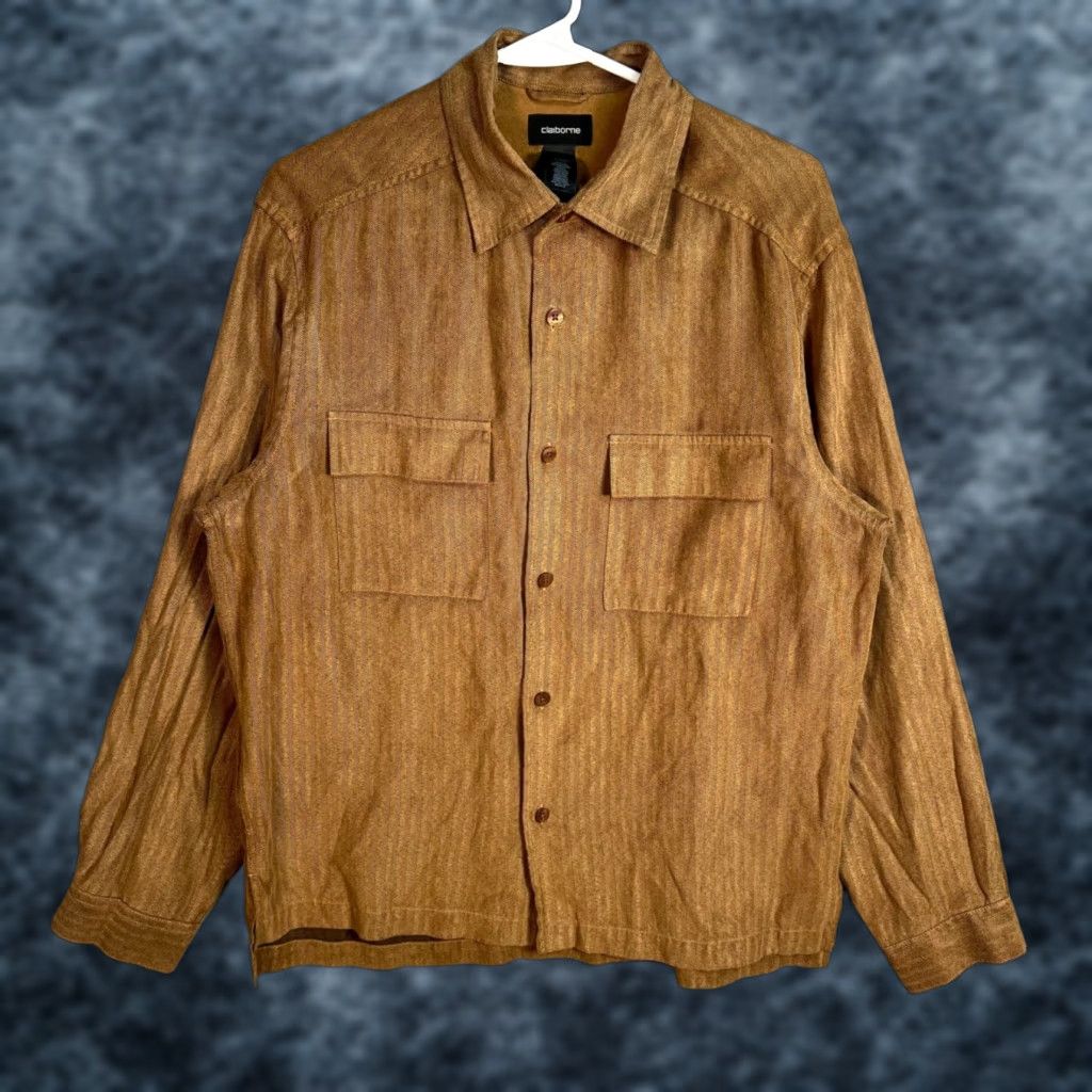 Liz Claiborne Claiborne Mens Medium Brown Long Sleeve Button Shirt Herringbone Pattern Size US M / EU 48-50 / 2 - 1 Thumbnail