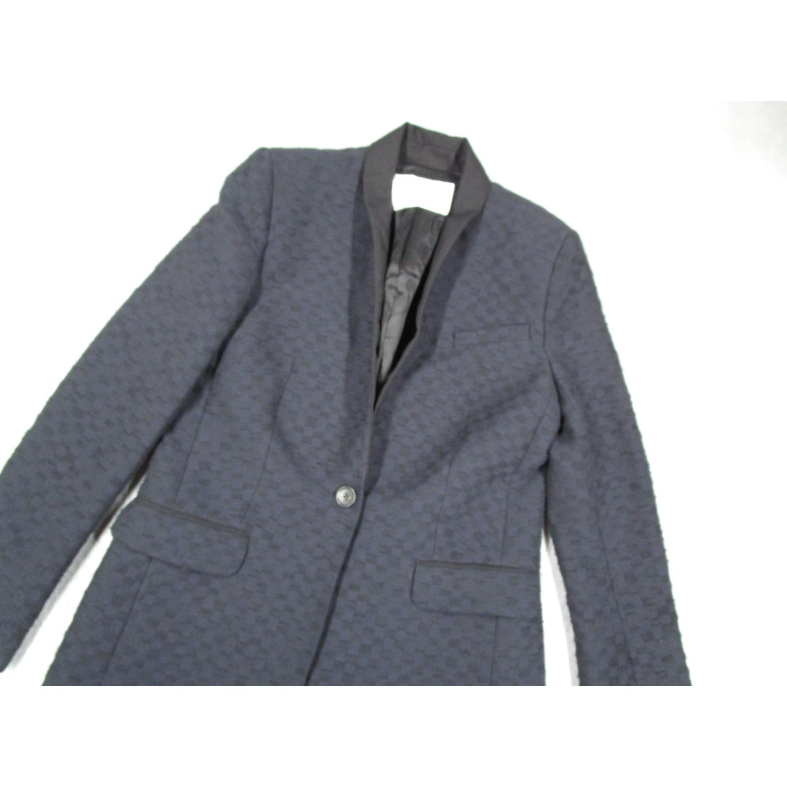 Vintage A.L.C. Blazer Womens 8 Blue Textured Jacquard Long Satin Lapel Button Made USA Size M / US 6-8 / IT 42-44 - 2 Thumbnail