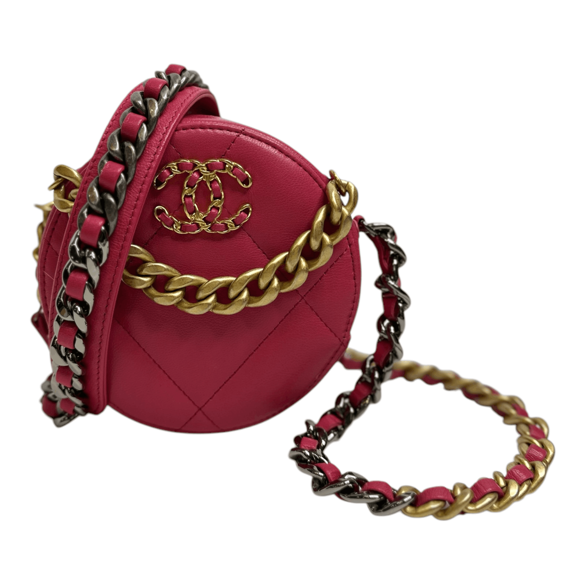 Chanel Pink Lambskin 19 Round Clutch With Chain