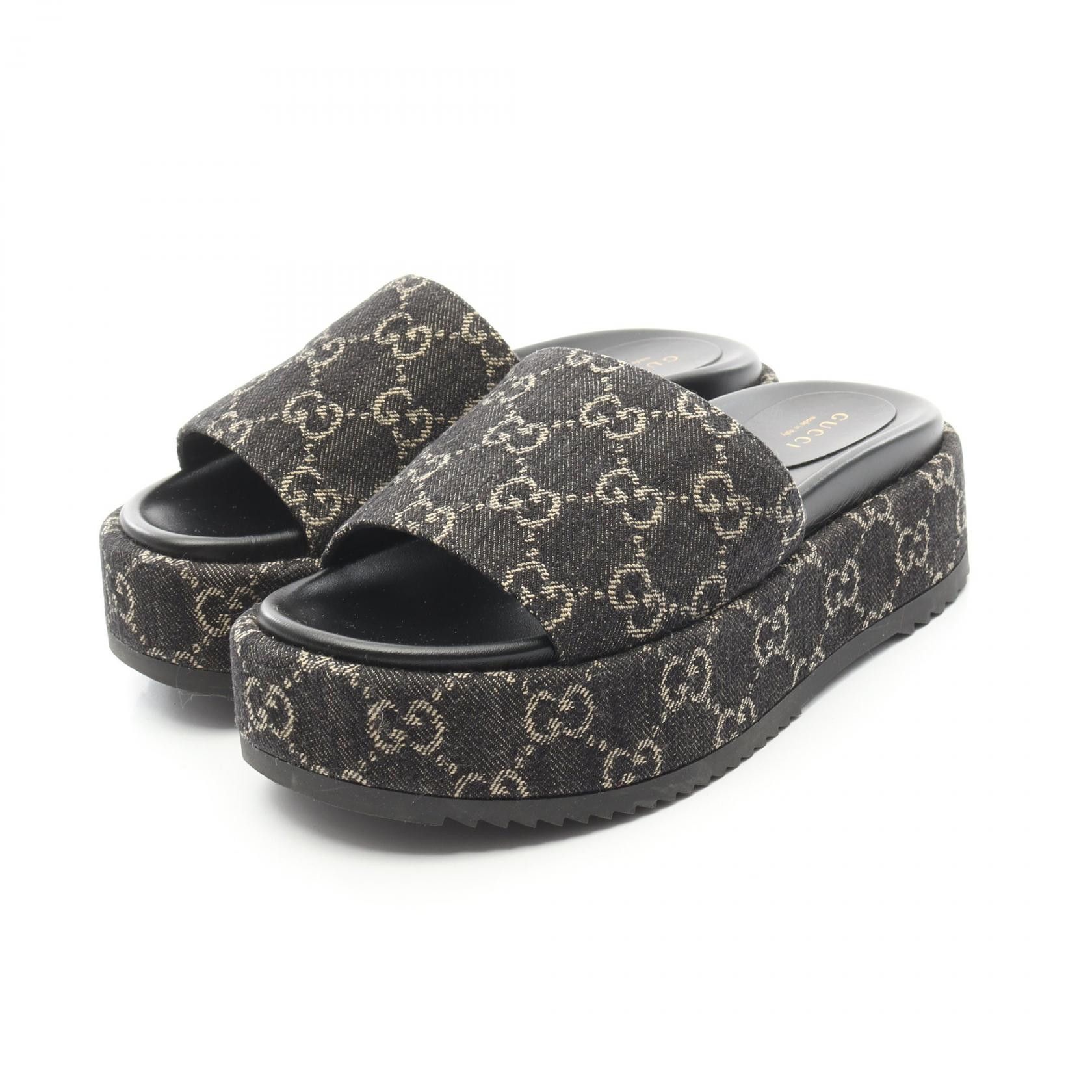 Gucci Gucci GG Canvas Leather Wedge Sandals Canvas Shoes 623212 in Black, Women's