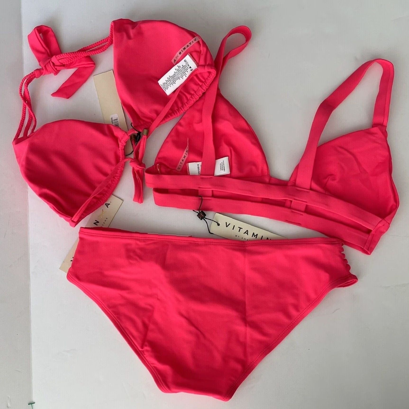 Vintage VITAMIN A 3pc Bikini Jaydah Braided Full Bottom Electra Ecolux / Neutra Top 12 D XL Pink Cheek Size XL / US 12-14 / IT 48-50 - 3 Thumbnail