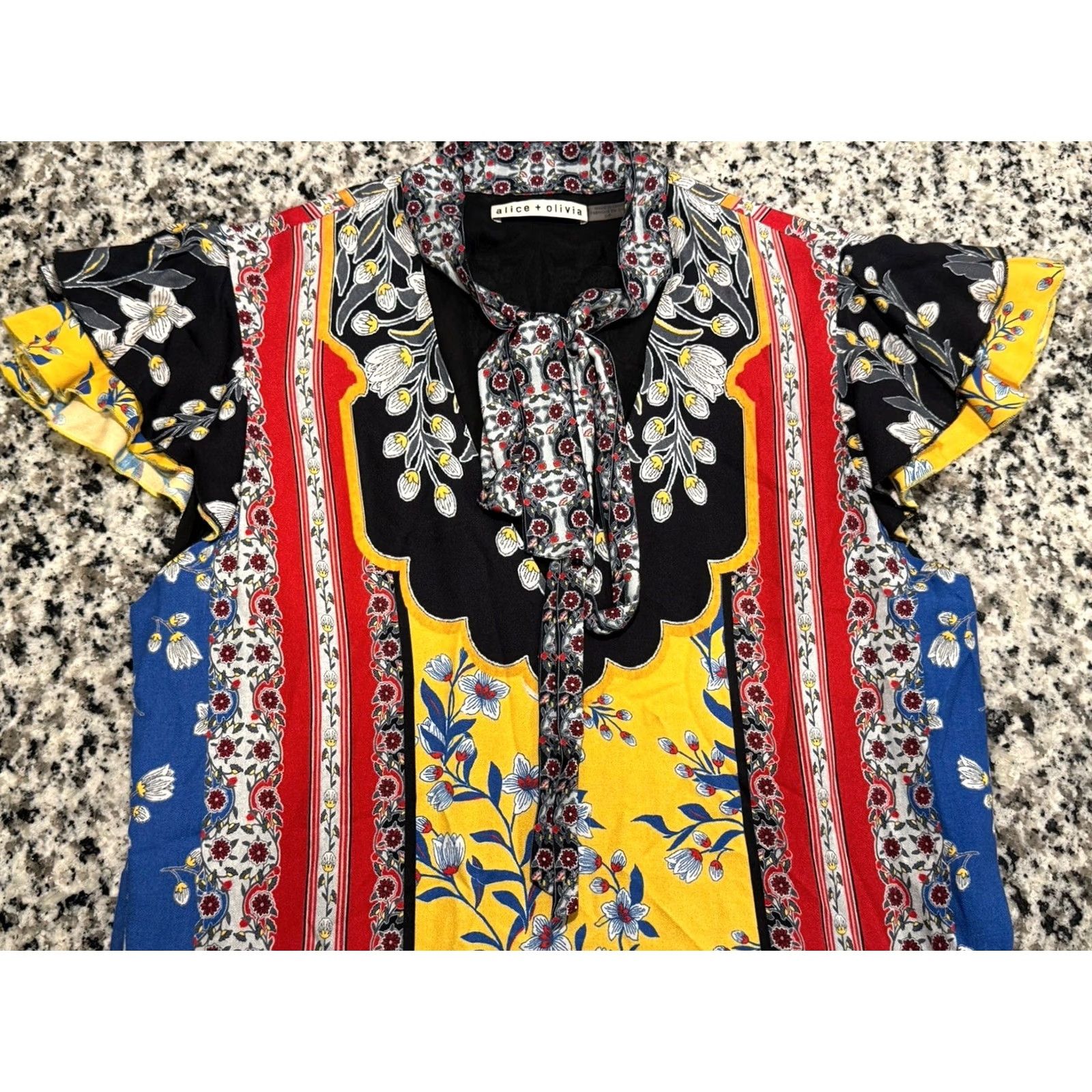 Alice + Olivia Alice + Olivia Daffodil Palace Scarf Pattern Mini Tie Neck Dress PS S/P Women Petite Multicolor Viscose Short Dress Men? Size S / US 4 / IT 40 - 2 Thumbnail