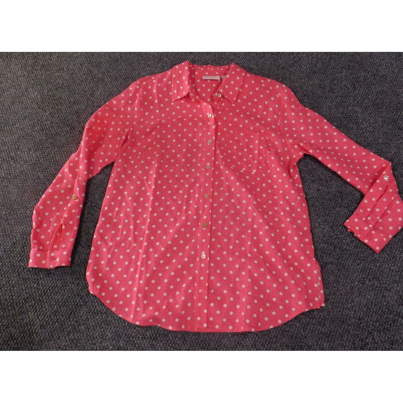 Vintage Susan Graver Blouse Womens PS Pink Linen Button Front Polka Dot Collared Casual Size S / US 4 / IT 40 - 3 Thumbnail