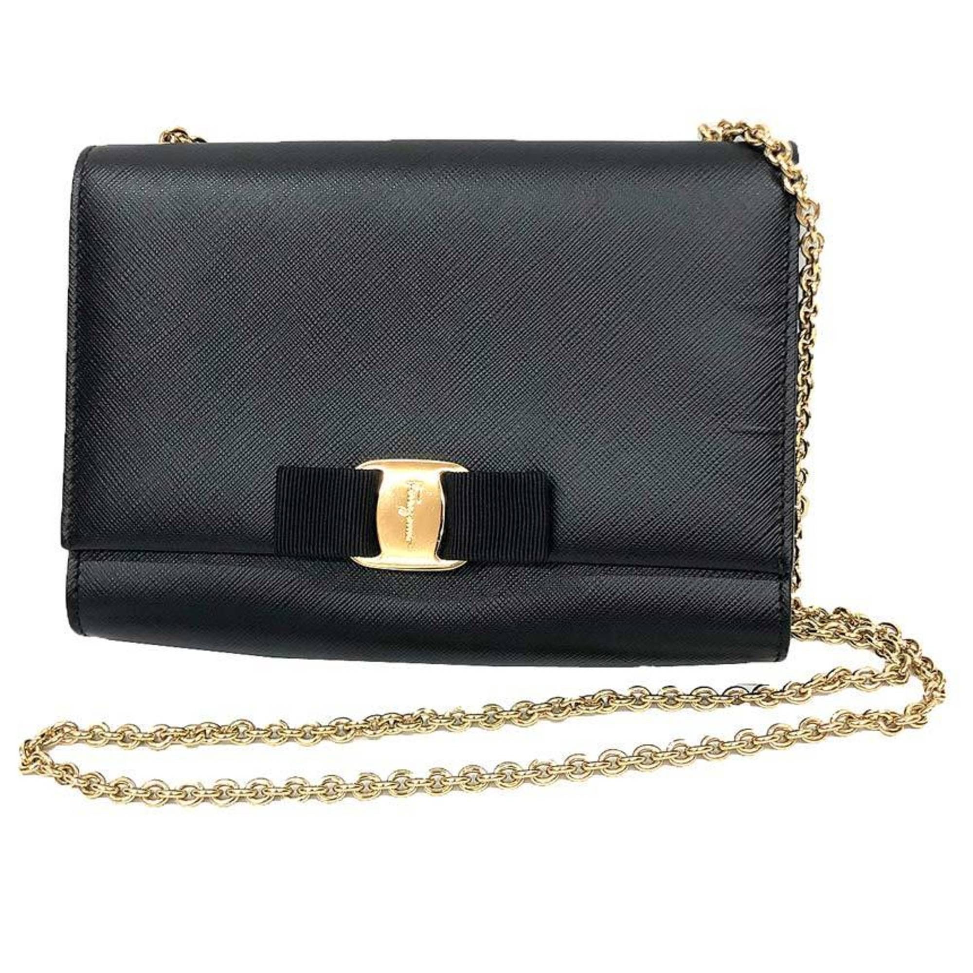 Salvatore Ferragamo Salvatore Ferragamo Vara Ribbon Chain Shoulder Bag/Pochette, Saffiano Leather, Black, Bag, Women's Size ONE SIZE - 1 Thumbnail