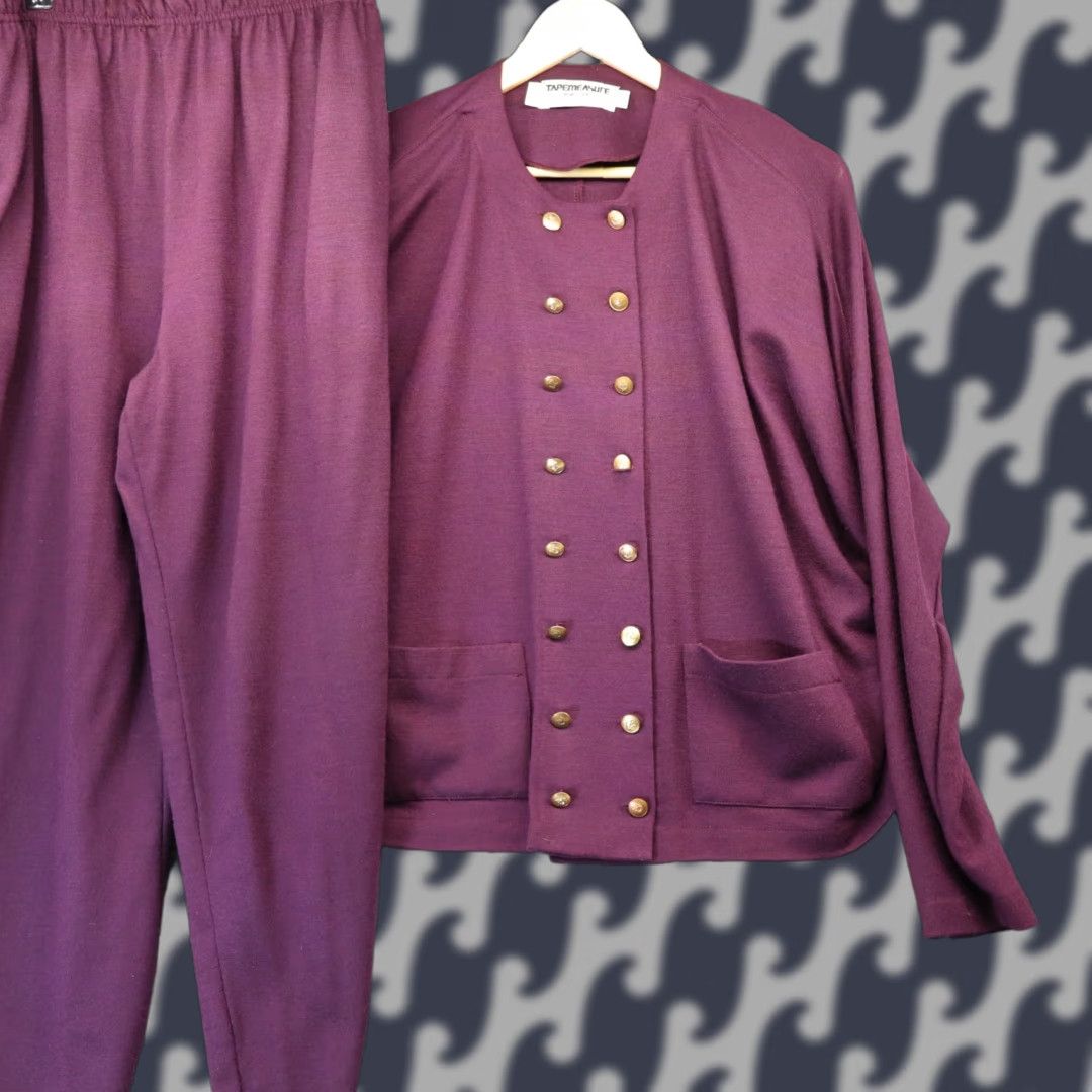TapeMeasure Wool 2 Piece Jacket + Pants Blazer Women M Purple Tweed Silk Lining US Made