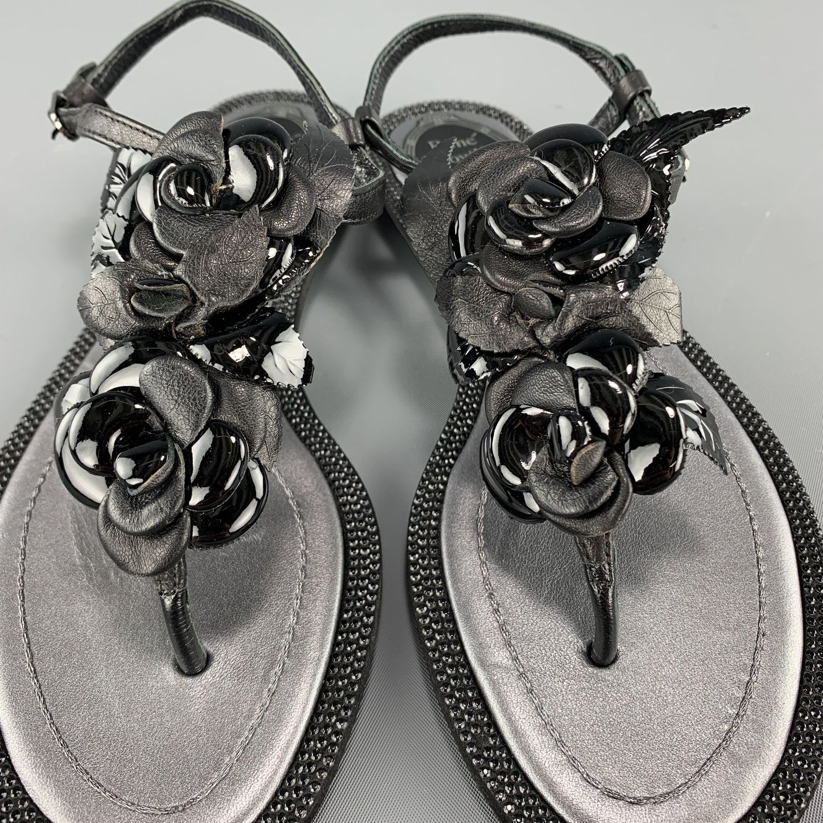 Rene Caovilla It 34 Black Leather Rose T Strap Sandals, Women's — image 2 of 6