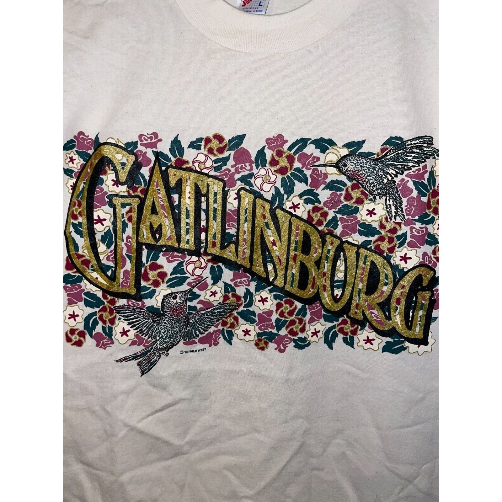 Jerzees 90s Vintage Gatlinburg Hummingbird Flower Cream White Shirt Size US L / EU 52-54 / 3 - 2 Thumbnail