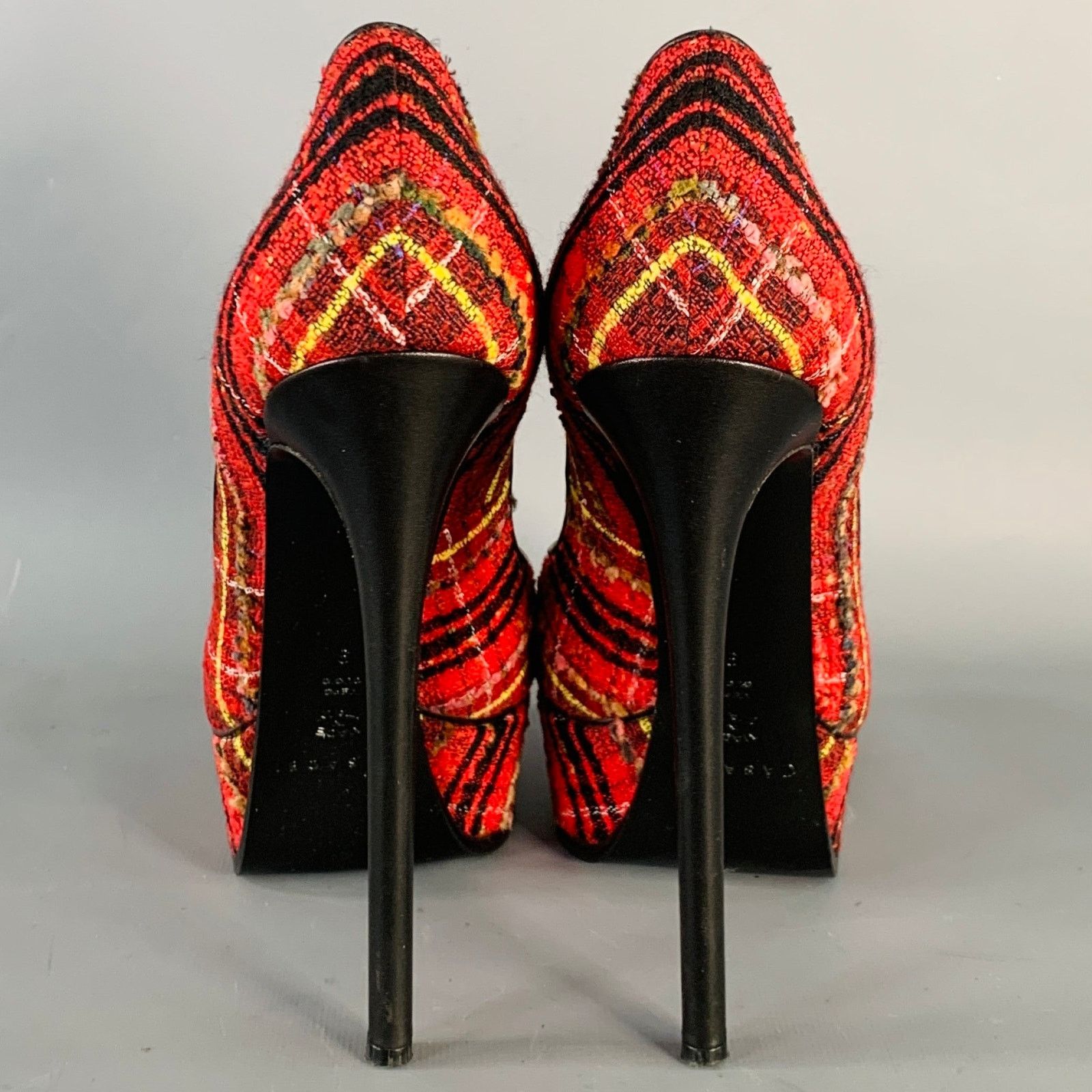 Casadei CASADEI Black Yellow Tweed Plaid Leather Trim Platform Pumps Size US 9 / IT 39 - 3 Thumbnail