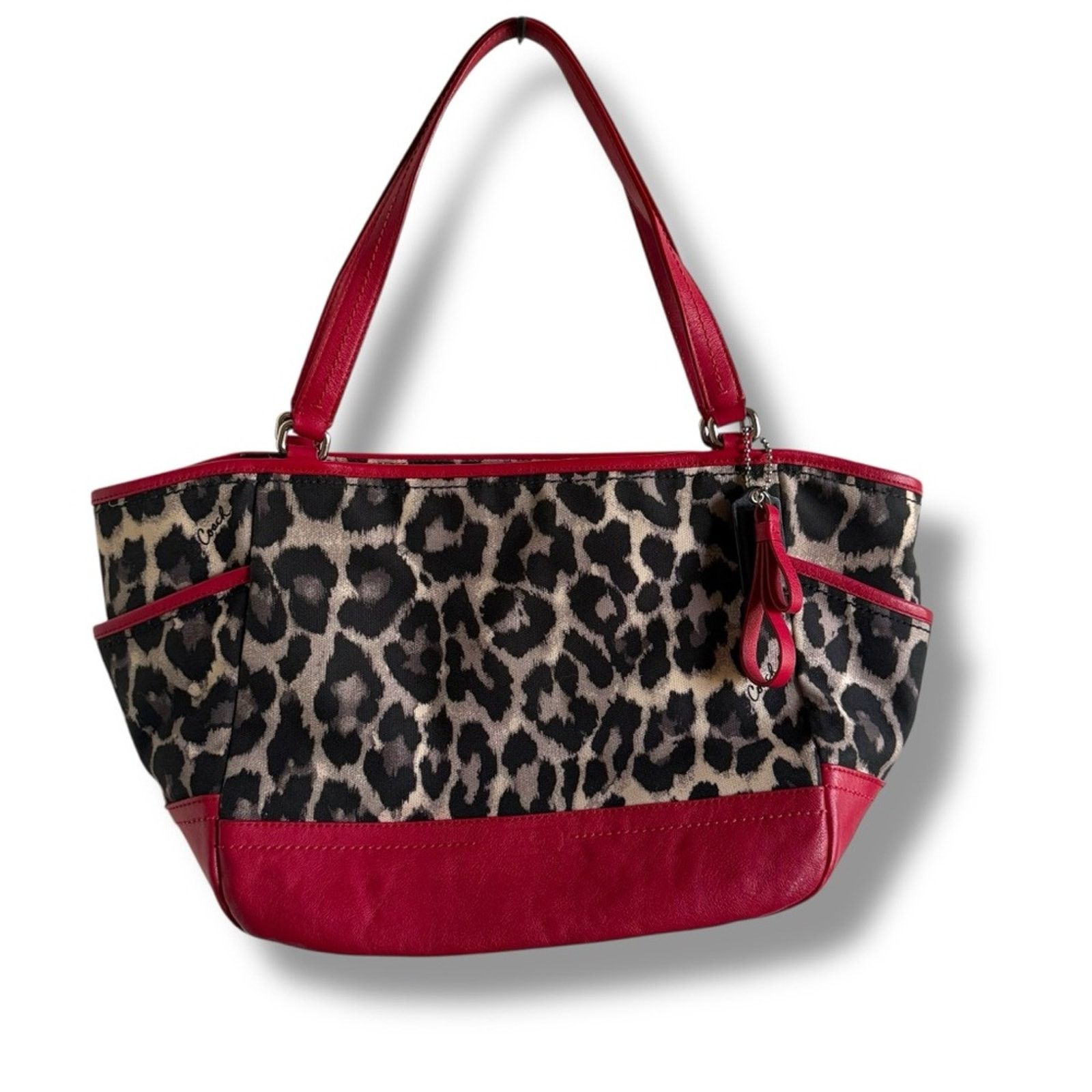 Coach Park Ocelot Leopard Print Tote Handbag Purse Red Bag, Women's