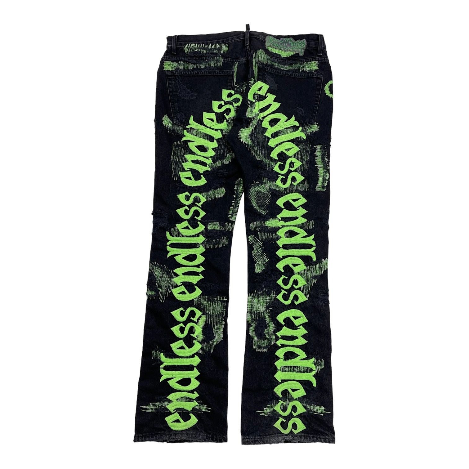 image of Vlone X Endless Embroidered And Distressed Denim Jeans Neon, Men's (Size 36)